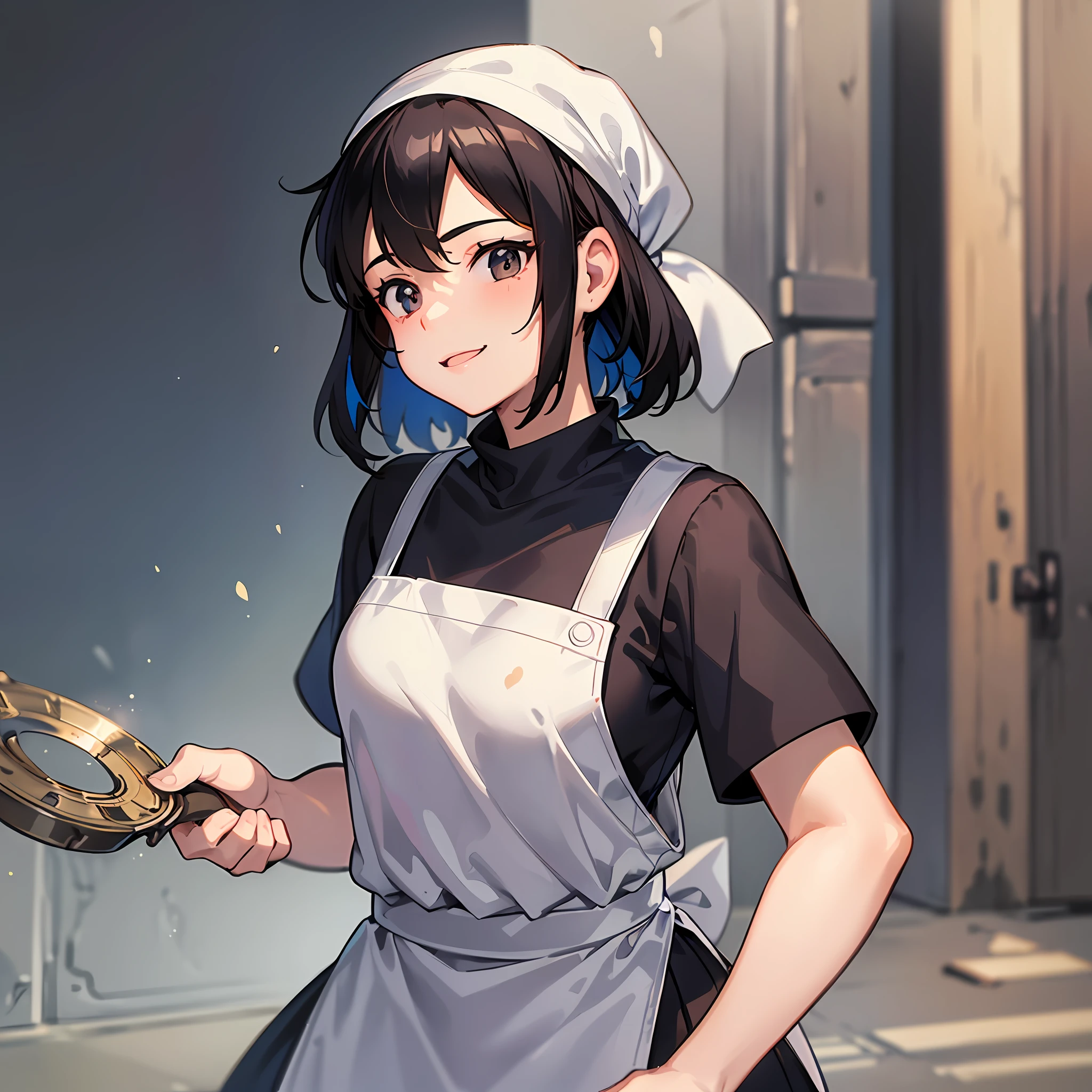 masterpiece, highest quality, (highly detailed CG unity 8k wallpaper, masterpiece, highest quality, super detail, best shadows), (detailed background), (beautiful detailed face, beautiful detailed eyes), high contrast, (best lighting, very delicate and beautiful),1girl,((colorful paint splatters on transparent background, dulux,))), ((caustic)), Beautiful detail glow, Ghibli-style illustration, full body, standing facing front, smiling, 18-year-old woman, bare hands, holding nothing in her hands, black hair, white bandana on her head, simple black upper body T-shirt, Wearing black slacks, wearing black sneakers, and wearing a half-black apron