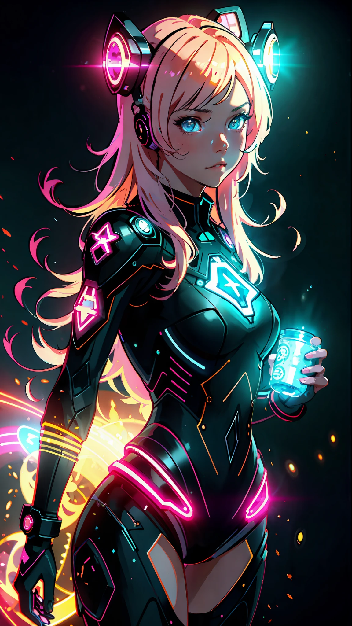 cute young woman, ultra high quality, volumetric, bioluminescence, luminism, pink-orange, global illumination, ambient occlusion, masterpiece, art by Ilya Kuvshinov, omimoji, busy image, Tokyo anime awards winner, octane render, unreal engine 5,