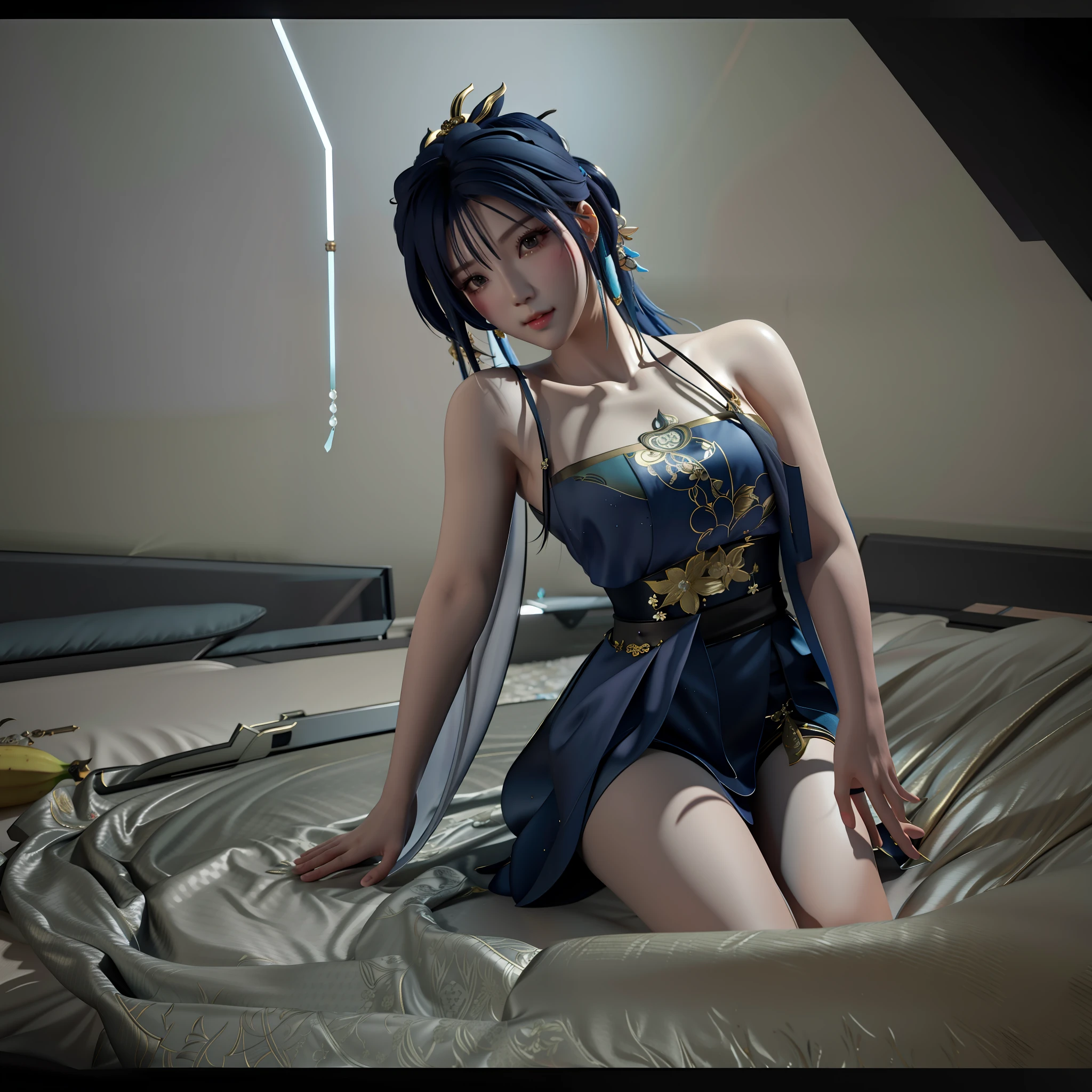 there is a woman sitting on a bed with a banana, trending on cgstation, 8 k sensual lighting, cinematic. by leng jun, artwork in the style of guweiz, [ 4 k digital art ]!!, by Russell Dongjun Lu, 3 d render character art 8 k, elegant cinematic pose, unreal engine render + a goddess