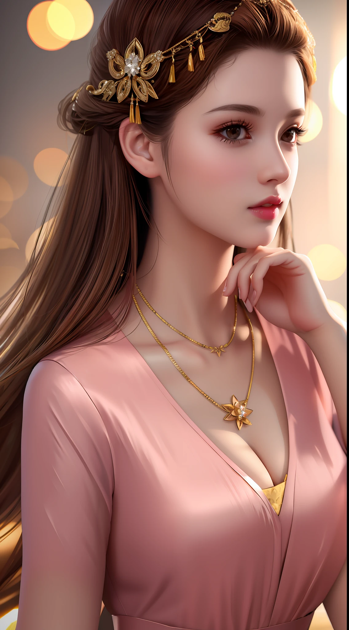 best quality, masterpiece, highres, 1girl, china dress, hair ornament, necklace, jewelry, Beautiful face, upon_body, tyndall effect, photorealistic, dark studio, rim lighting, two tone lighting, (high detailed skin:1.2), 8k uhd, dslr, soft lighting, high quality, volumetric lighting, candid, Photograph, high resolution, 4k, 8k, Bokeh, light brown hair color, medium breasts, light pink lips,
