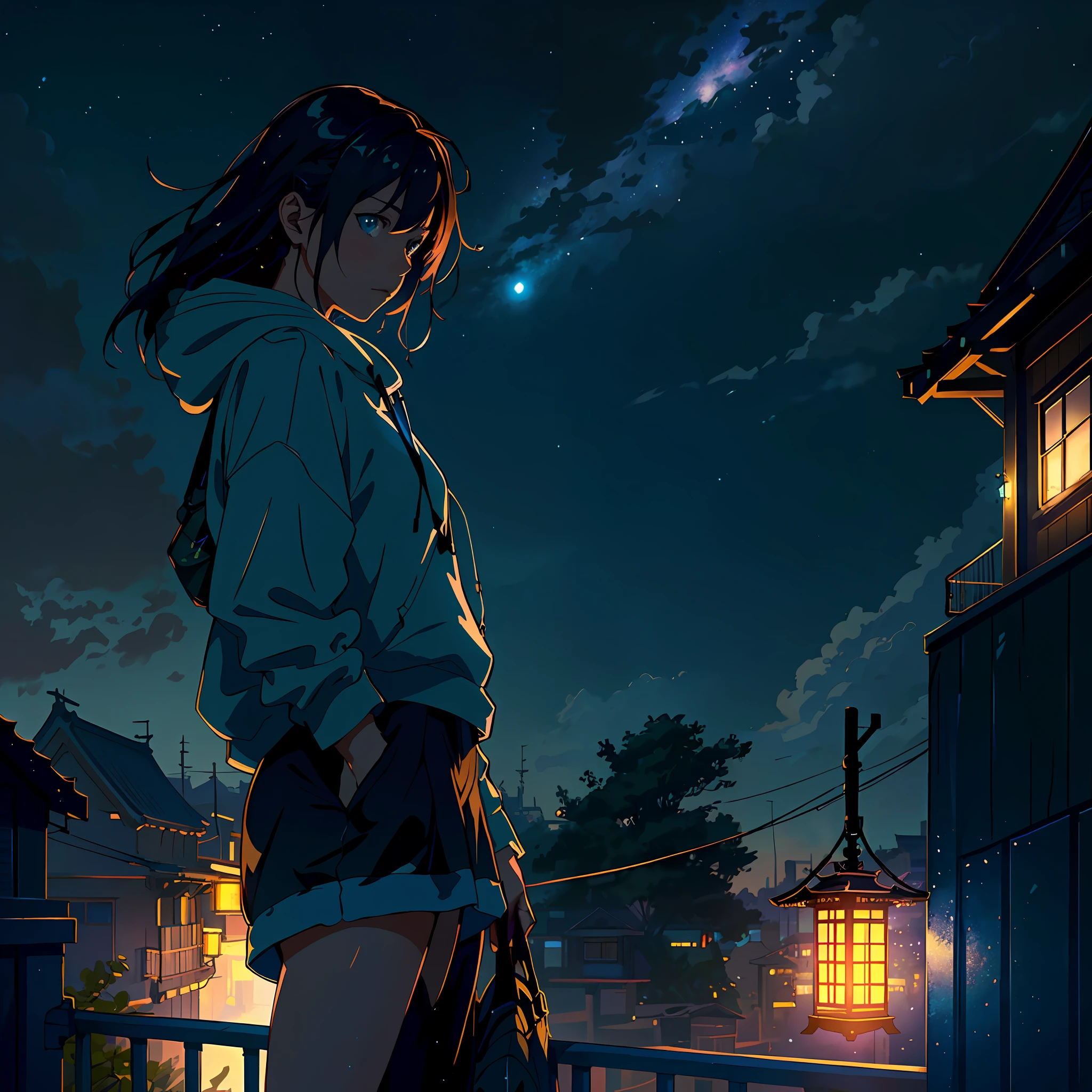 Realistic, real life, beautiful Cute Girl standing on a roof looking in the sky, detailed city below with lantern, extremely detailed by greg rutkowski makoto shinkai kyoto animation key art feminine mid shot, style of laurie greasley, studio ghibli, akira toriyama, james gilleard, genshin impact, trending pixiv fanbox, acrylic palette knife, 4k, vibrant colors, devinart, trending on artstation,octane render, bioluminescent,8K resolution concept art, realism,by Mappa studios,masterpiece,best quality,official art,illustration,ligne claire,(cool_color),perfect composition,absurdres, fantasy,focused,night, starry night, crescent moon, shooting stars,stars,,cypherpunk universe,a photo of 8k ultra realistic beautiful sad woman in her 20s standing on top of building,leaning against the railing,slightly look at the sky, watching the glowing cypherpunk neon city ,wearing a cypherpunk style short hoodie shirt and a medium short,medium chest, full moon night , full city visible , intricate wet black shoulder lenght hair, heavily rain make her all wet ,
