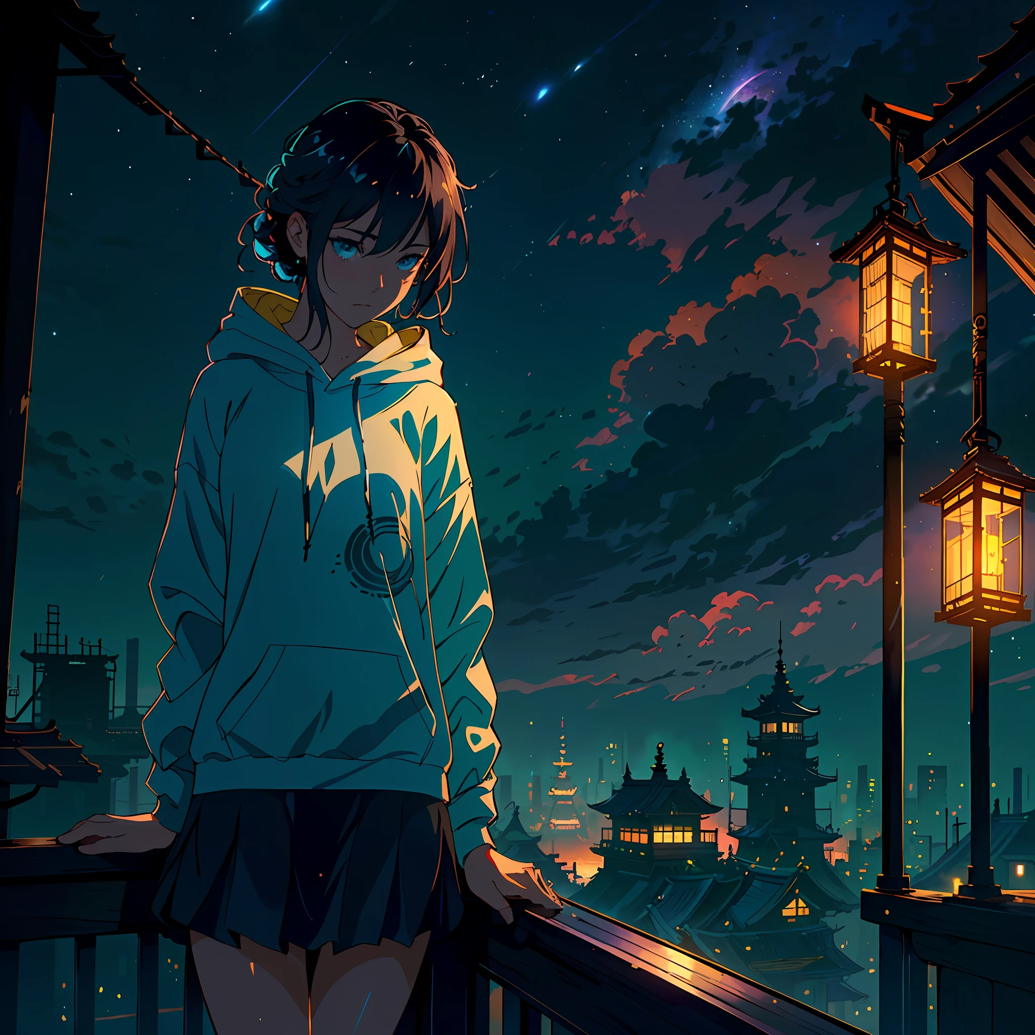 Realistic, real life, beautiful Cute Girl standing on a roof looking in the sky, detailed city below with lantern, extremely detailed by greg rutkowski makoto shinkai kyoto animation key art feminine mid shot, style of laurie greasley, studio ghibli, akira toriyama, james gilleard, genshin impact, trending pixiv fanbox, acrylic palette knife, 4k, vibrant colors, devinart, trending on artstation,octane render, bioluminescent,8K resolution concept art, realism,by Mappa studios,masterpiece,best quality,official art,illustration,ligne claire,(cool_color),perfect composition,absurdres, fantasy,focused,night, starry night, crescent moon, shooting stars,stars,,cypherpunk universe,a photo of 8k ultra realistic beautiful sad woman in her 20s standing on top of building,leaning against the railing,slightly look at the sky, watching the glowing cypherpunk neon city ,wearing a cypherpunk style short hoodie shirt and a medium short,medium chest, full moon night , full city visible , intricate wet black shoulder lenght hair, heavily rain make her all wet ,