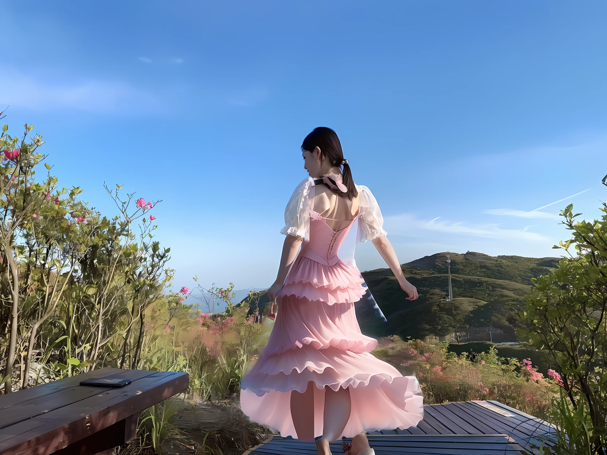 (Very delicate, high-end quality, detailed CG 8k wallpaper), (theme is, (girl's back), (pink dress), (dynamic main view), (idyllic beauty), (slowly fluttering skirt), (deeply feel her graceful figure), (small dynamic changes), (overall frame rich))