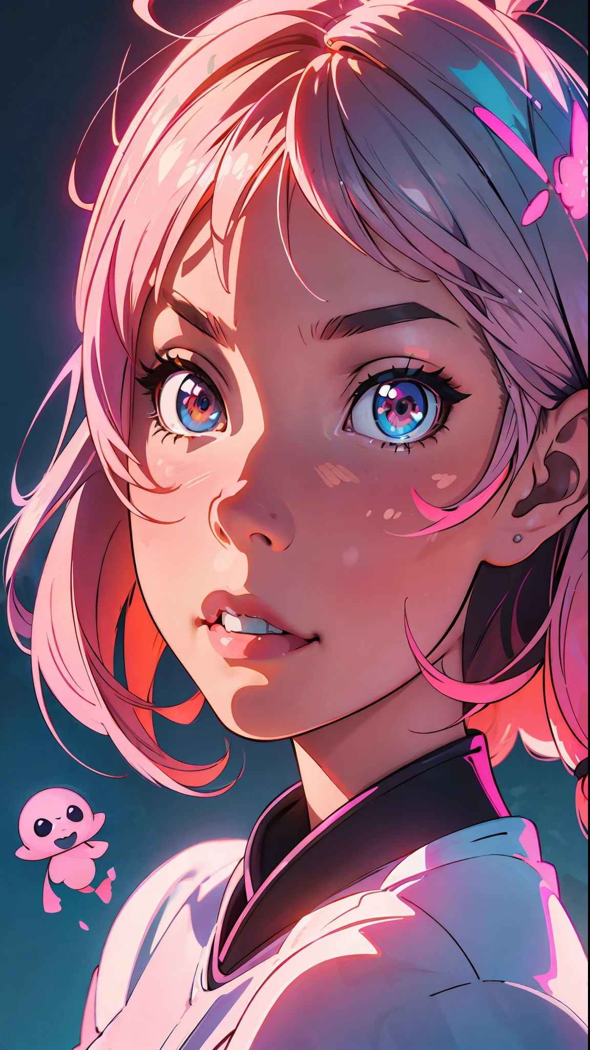 cute young woman, ultra high quality, volumetric, bioluminescence, luminism, pink-orange, global illumination, ambient occlusion, masterpiece, art by Ilya Kuvshinov, omimoji, busy image, Tokyo anime awards winner, octane render, unreal engine 5,