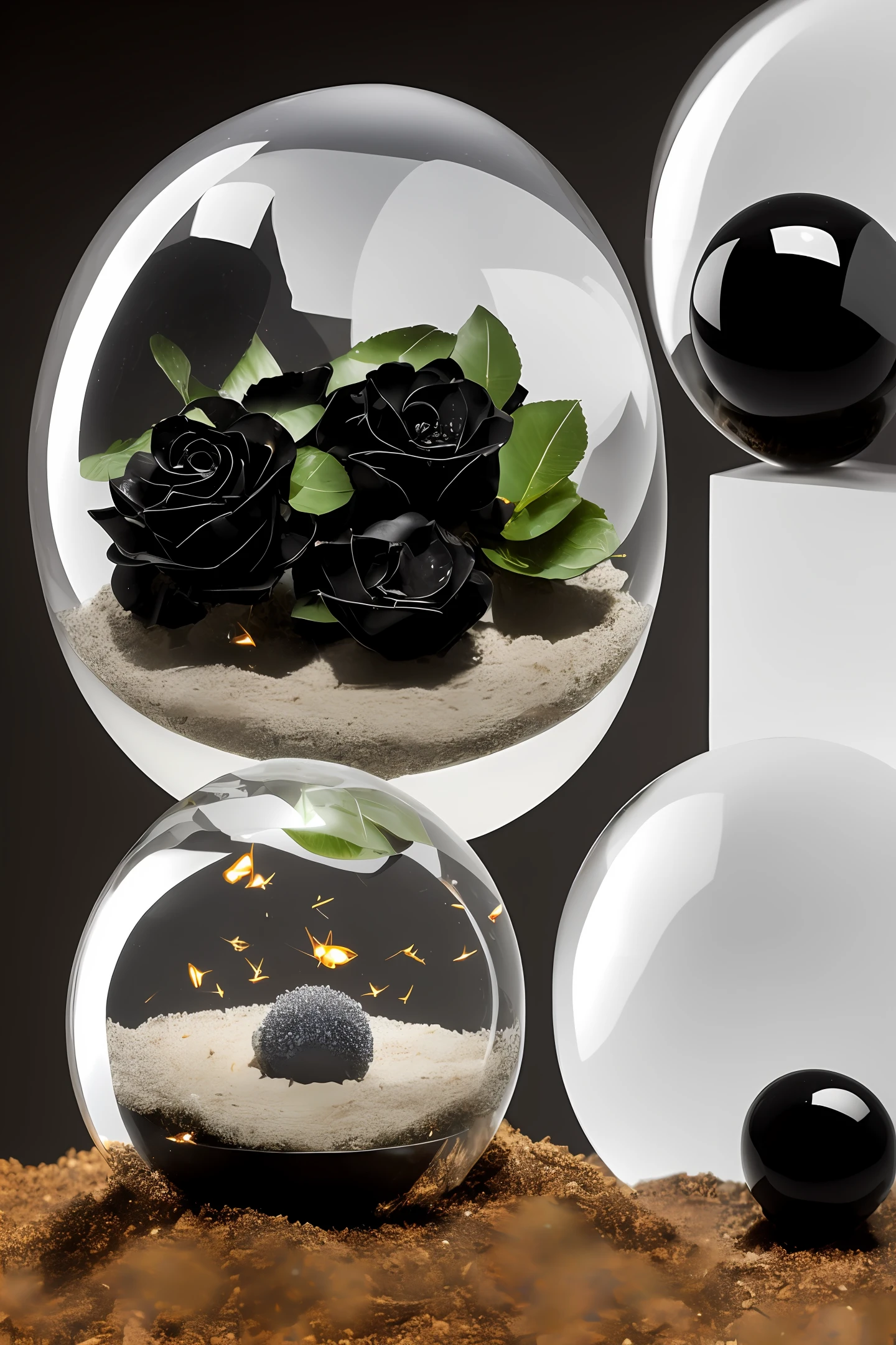 anthill, glass sphere, onyx stone, black roses, white sand, fireflies