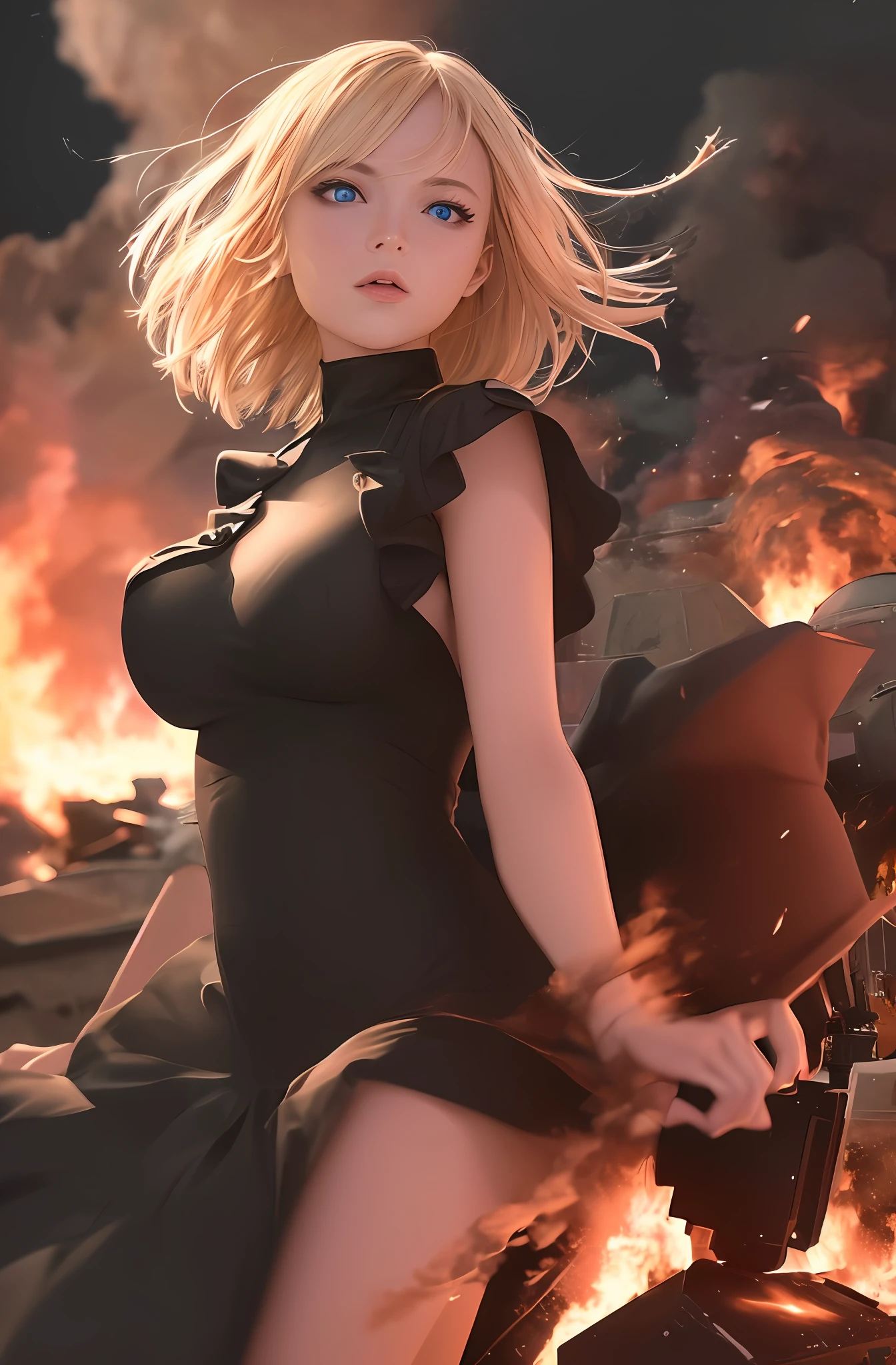 top quality, masterpiece, ultra high resolution, night, photoreal, girl alone, camera gaze, blonde, blue eyes, black dress, girl is blowing up military base, explosion, flames