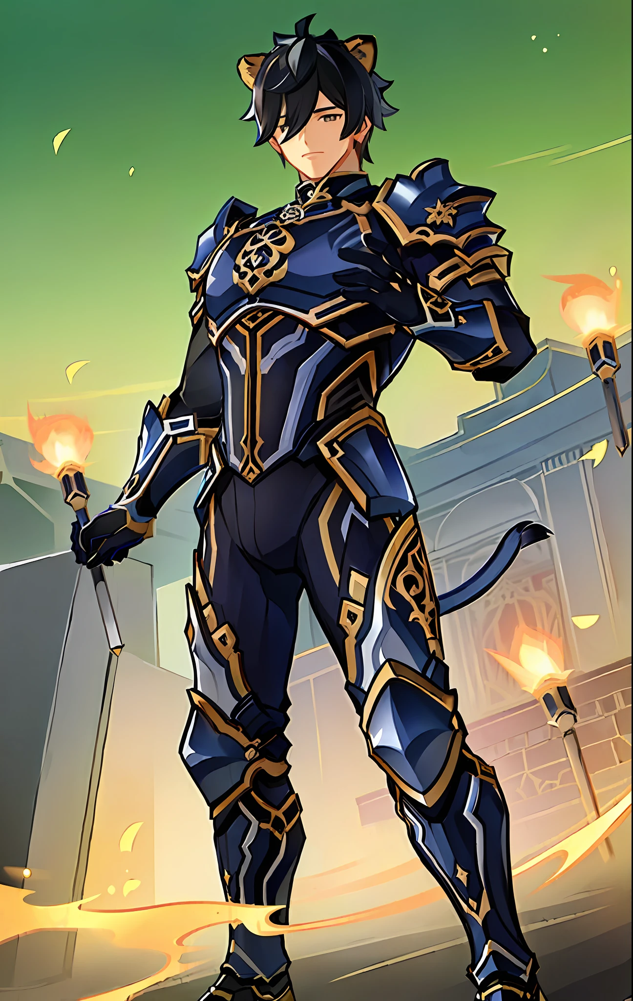 "(((Masterpiece))), best quality, ultra-detailed, dark blue Zhongli (male, athletic) from Genshin Impact, with lion ears, intricately detailed (armor with lion emblem over chest:1.2), emanating calmness, standing against glowing stone pillars background."