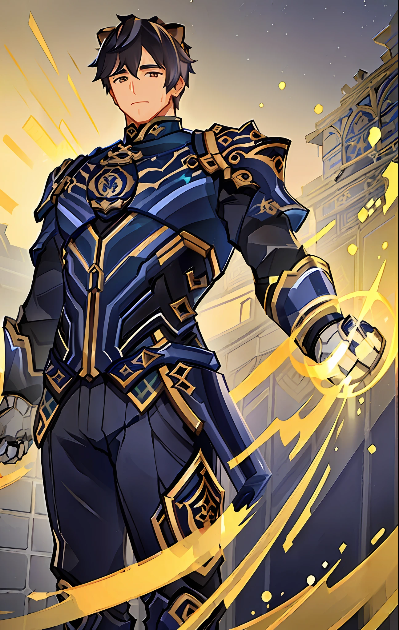 "(((Masterpiece))), best quality, ultra-detailed, dark blue Zhongli (male, athletic) from Genshin Impact, with lion ears, intricately detailed fullplate armor (with lion emblem over chest:1.4), emanating calmness, standing against glowing stone pillars background."
