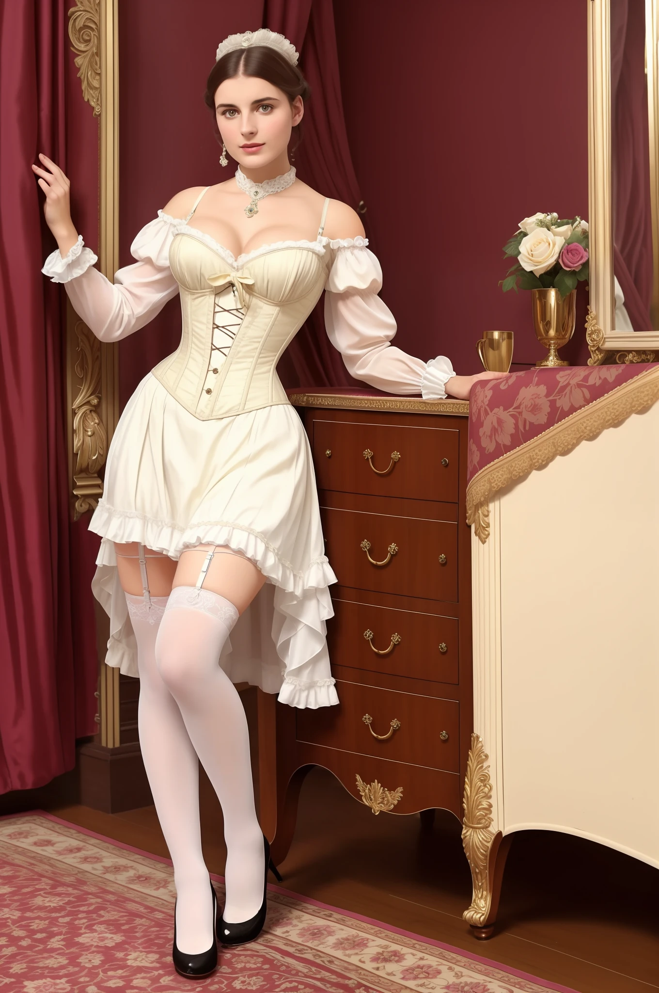 amazingly beautiful British girls,
mature, 22 years old, at her best age, standing alone in front of the camera,
19th century, Belle Époque, Victorian
Olympia, Grand Odalisque, Ophelia,
Les Misérables, Cosette
White stockings, white gloves, purple corset, white Victorian dress
Realistic face, visible veins, moles
(Glad to meet you), (Vivid), (Digital Color), (Nikon), (α7), (Color photo), (Color photo), (Portrait photo), (Ultra High Resolution: 1.2), (Photorealism: 1.4), (8K, RAW photo: 1.2), (Soft Focus: 1.4), (Sharp Focus: 1.4), Beautiful face with attention to detail, Pure Rose face_V1, Antiques,
(Victorian dress: 1.2) and (Vintage lingerie: 1.4) and award-winning photos of lonely and beautiful young full-breasted Caucasians (Victorian women: 1.6) wearing Victorian garter belts and hoses and chokers and hair ornaments (Gorgeous Victorian living room: 1.2) (Victorian wallpapers (Victorian wallpapers: 1.2) ( Victorian Wallpapers: 1.2) (Victorian Furniture: 1.2) (Victorian Carpets: 1.2) (Rich: 1.4), erotic, sensual,