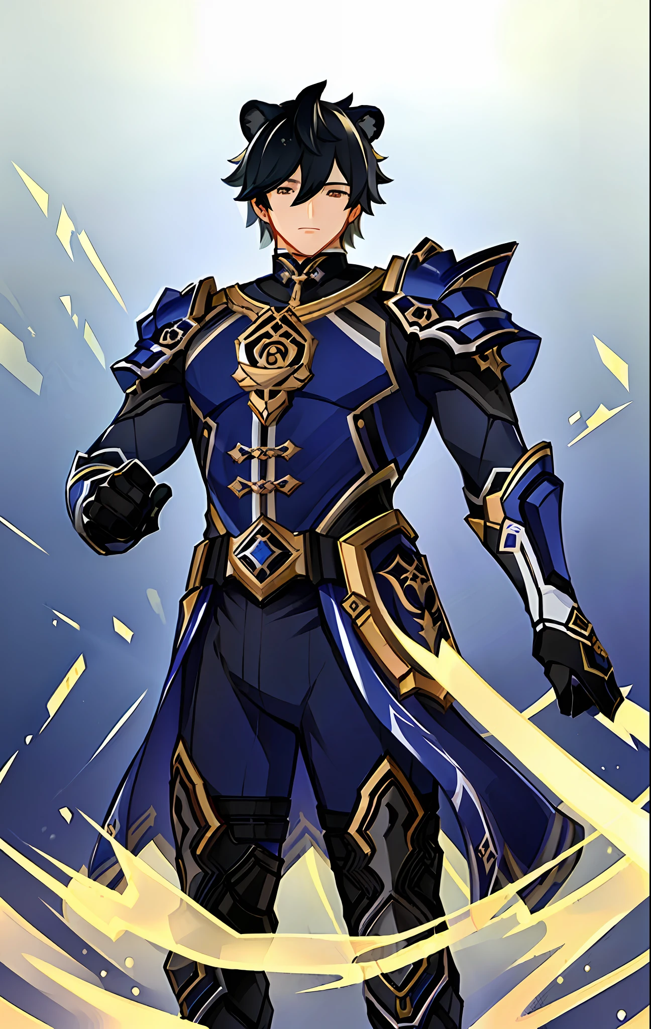 "(((Masterpiece))), best quality, ultra-detailed, dark blue Zhongli (male, athletic) from Genshin Impact, with lion ears, intricately detailed fullplate armor, emanating calmness, standing against glowing stone pillars background."