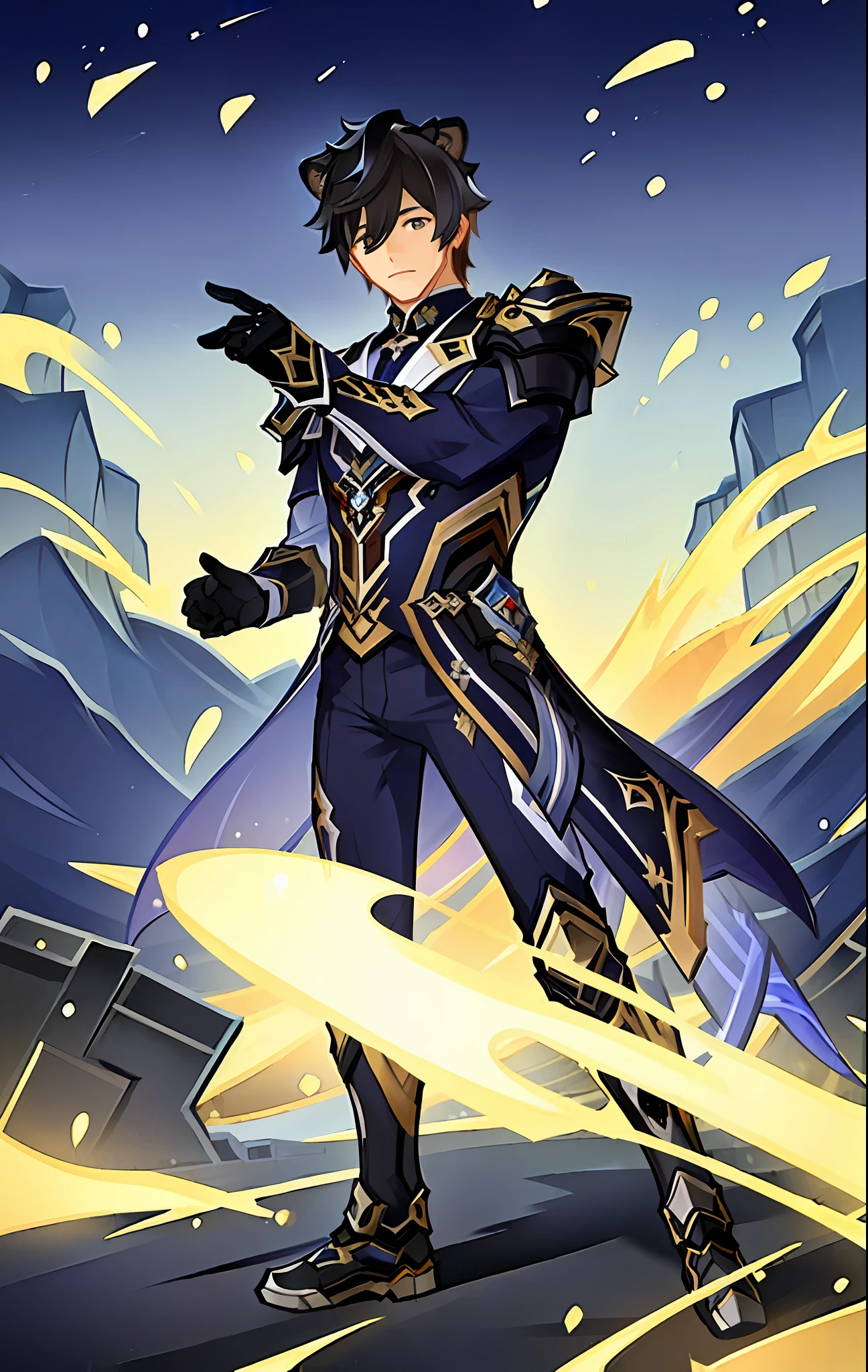 "(((Masterpiece))), best quality, ultra-detailed, dark blue Zhongli (male, athletic) from Genshin Impact, with lion ears, intricately detailed fullplate armor, emanating calmness, standing against glowing stone pillars background."
