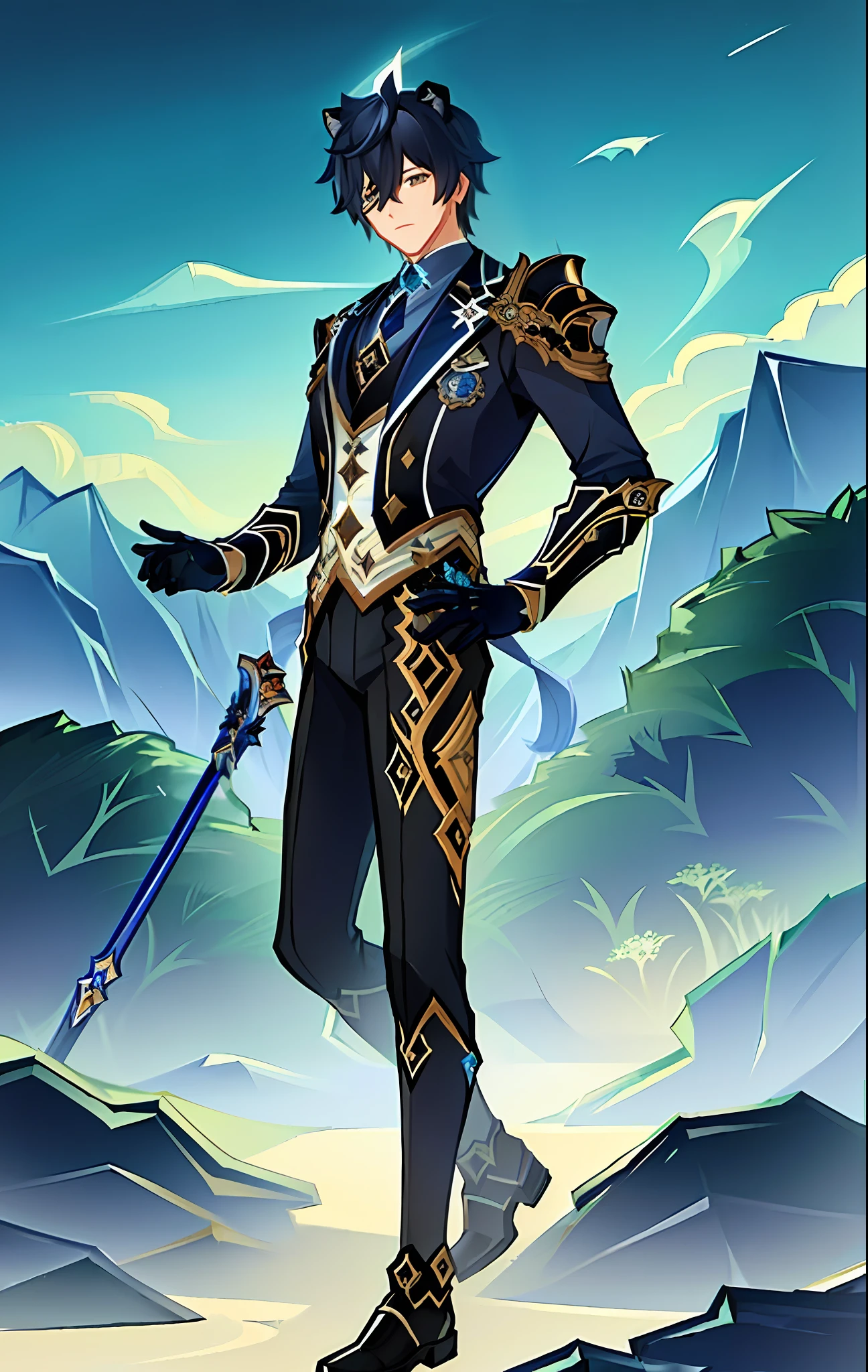 "(((Masterpiece))), best quality, ultra-detailed, dark blue gorou (male, athletic) from Genshin Impact, with lion ears, intricately detailed steampunk armor, emanating calmness, standing against glowing stone pillars background."