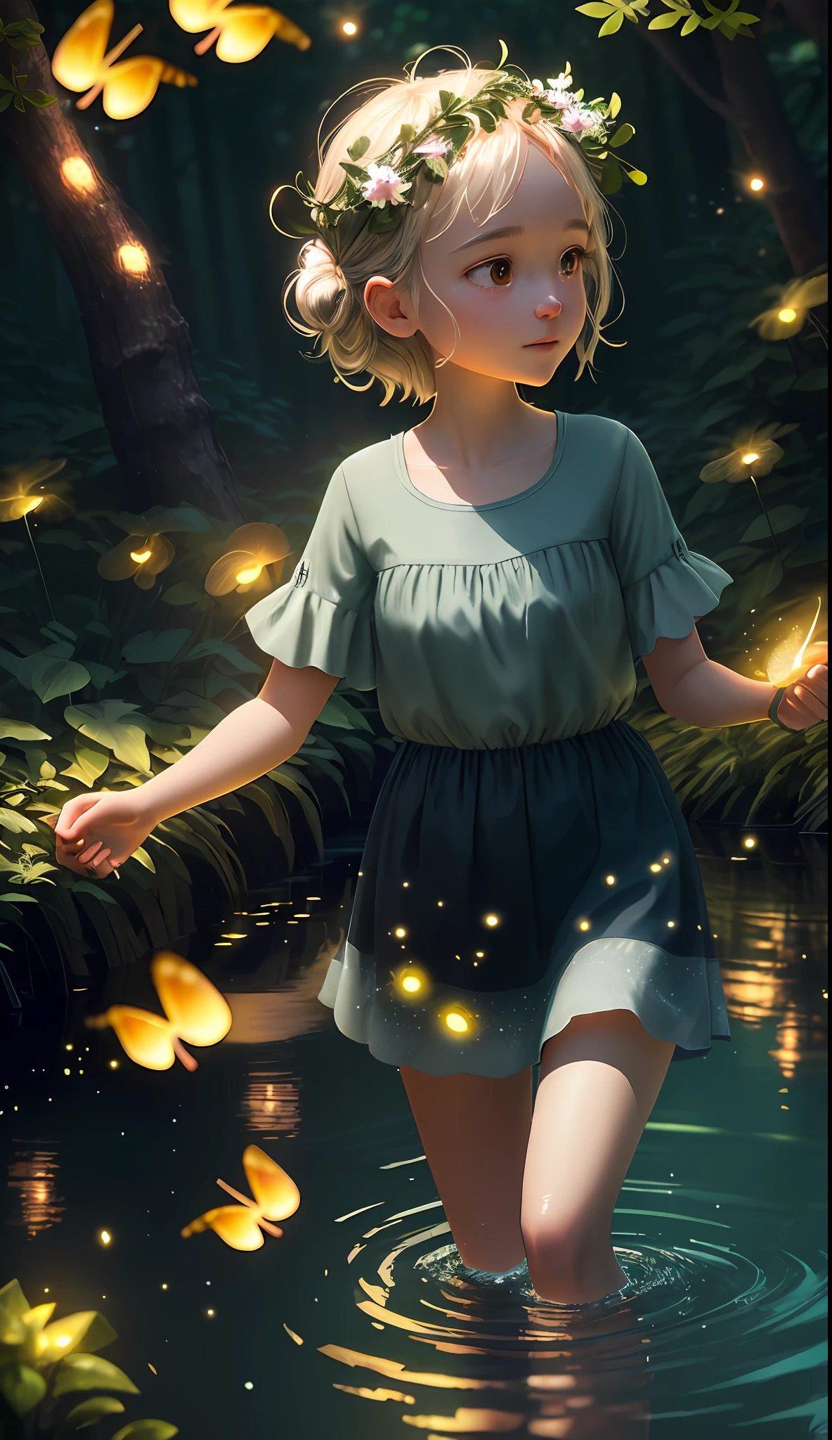 Masterpiece, best quality, (very detailed CG unity 8k wallpaper), (best quality), (best illustration), (best shadows), glow sprite, with a glowing deer, in the swimming pool Drinking water, natural elements in the forest theme. Mysterious forest, beautiful forest, nature, surrounded by flowers, delicate leaves and branches surrounded by fireflies (natural elements), (jungle theme), (leaves), (twigs), (fireflies), (particle effects) etc. 3D , Octane rendering, ray tracing, super detailed