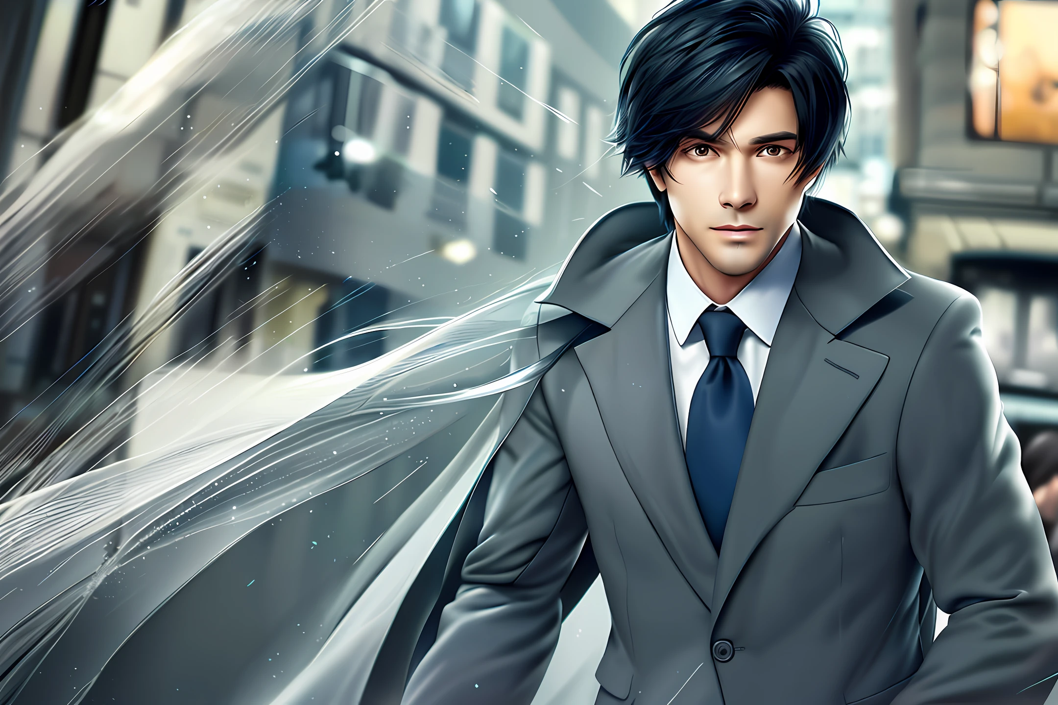A man, businessman, with black hair, walking down the busy street, in an urban environment. Effects: Add the following effects to create a dramatic and realistic aesthetic: Sharp contrast: Highlight the differences between the light and dark areas of the image, providing a sense of depth and drama. Striking shadows: Create sharp shadows around the entrepreneur to add depth and realism to the scene. Dramatic lighting: Use directional and intense lighting, highlighting the face and characteristics of the entrepreneur, and creating an impactful atmosphere. Vivid textures: Accentuate the textures of the hair, suit, and ambiance by highlighting details such as hair strands, suit creases, and street concrete textures. Cool and dark tones: Use a darker, cooler color palette, with blue and gray tones, to intensify the sense of drama and mystery. Resolution: Ensure that the final image is high definition (Full HD) to capture all the details of the scene and the businessman.