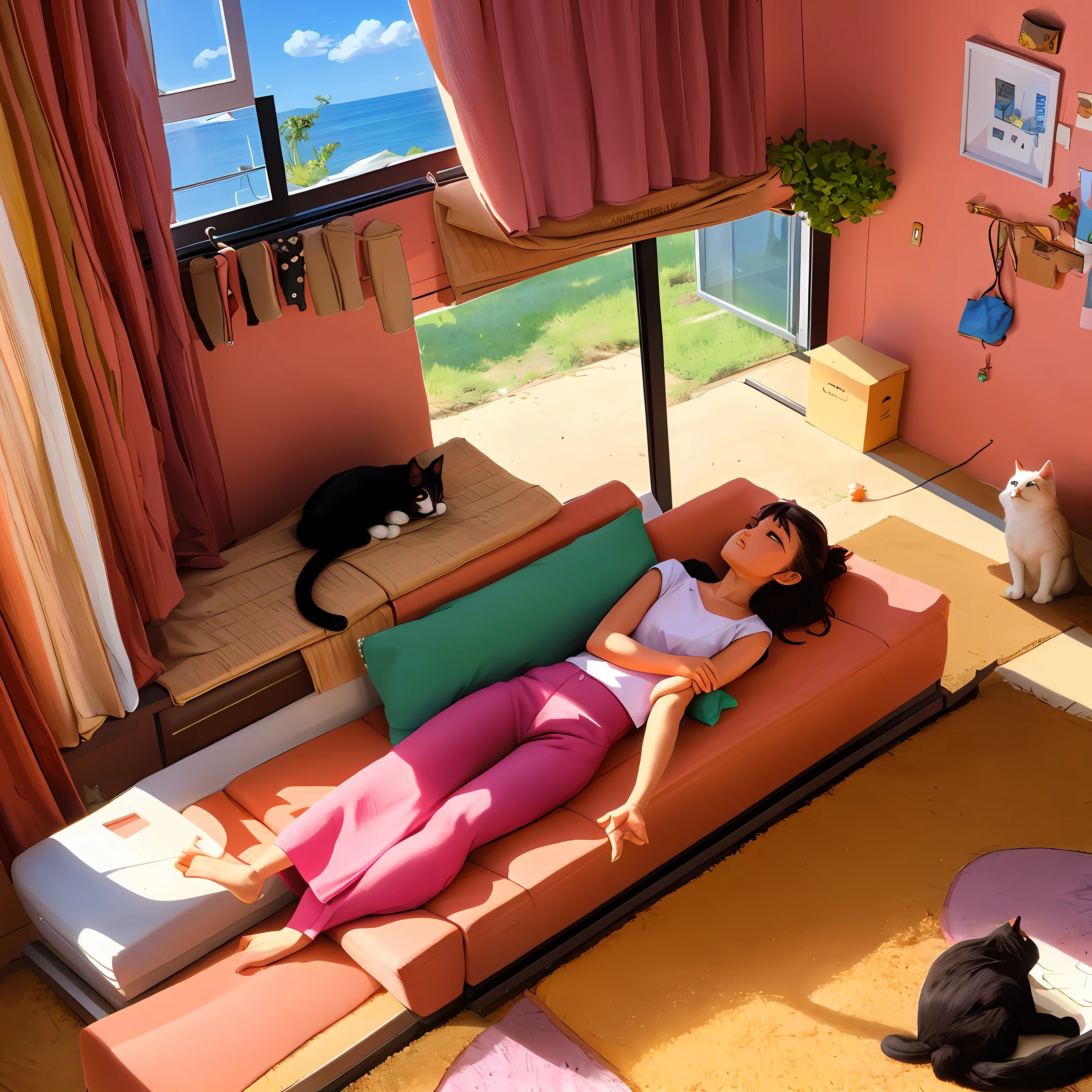 A girl's room, sitting on the sofa, the cat lying in her arms looked at the owner with gentle eyes, the sun shone in, another cat stretched on the ground, the cat food on the ground was scattered on the ground, gentle, sunshine, anime, two-dimensional, ultra-high-definition