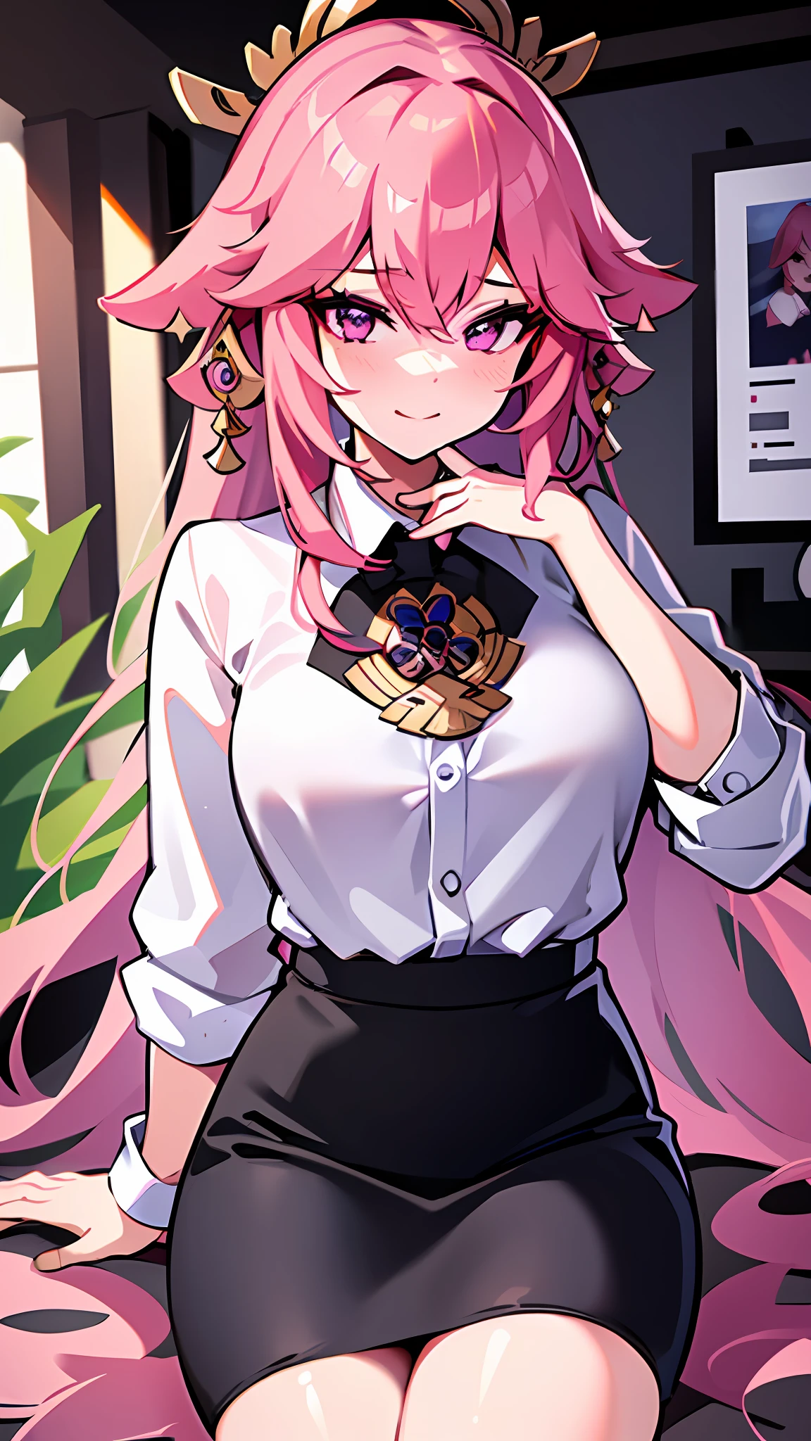 1girl, yae miko,(office clothes, white blouse, black pencil skirt:1.2), sfw, flats, silk white socks, detailed eyes, detailed hair, best quality, masterpiece, pink hair