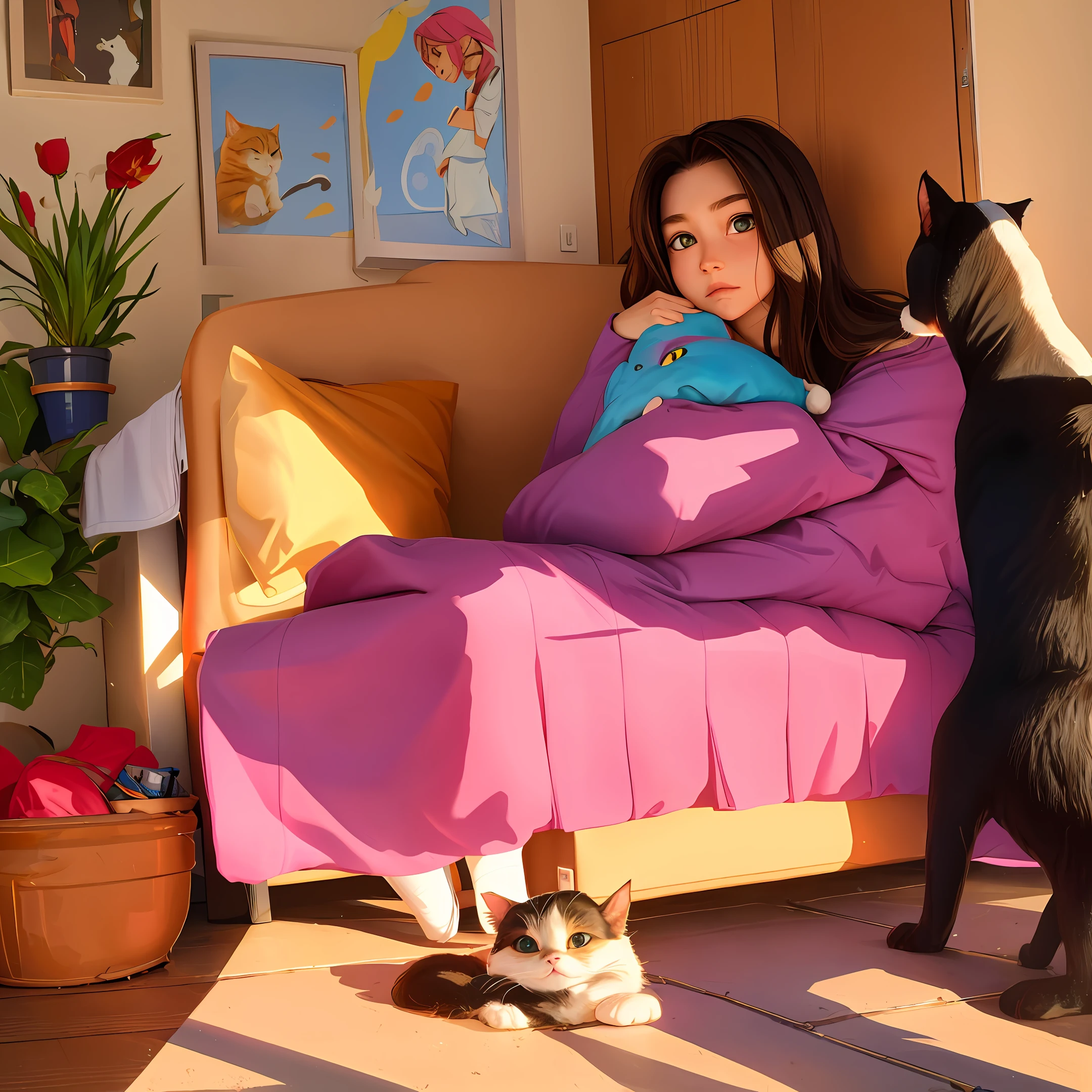 A girl's room, sitting on the sofa, the cat lying in her arms looked at the owner with gentle eyes, the sun shone in, another cat stretched on the ground, the cat food on the ground was scattered on the ground, gentle, sunshine, anime, two-dimensional, ultra-high-definition