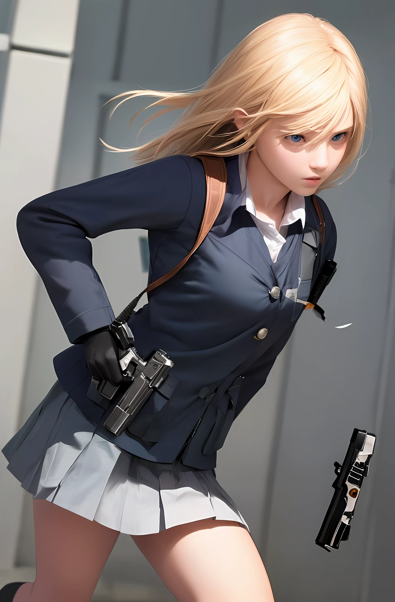 Top Quality, Masterpiece, Ultra High Definition, Realistic, Schoolgirl 1 Person, Looking At Camera, Blonde, Blue Eyes, High School Girl, Schoolgirl, Shooting, Girl Fighting Terrorists in Occupied School with Handgun, Explosion Background