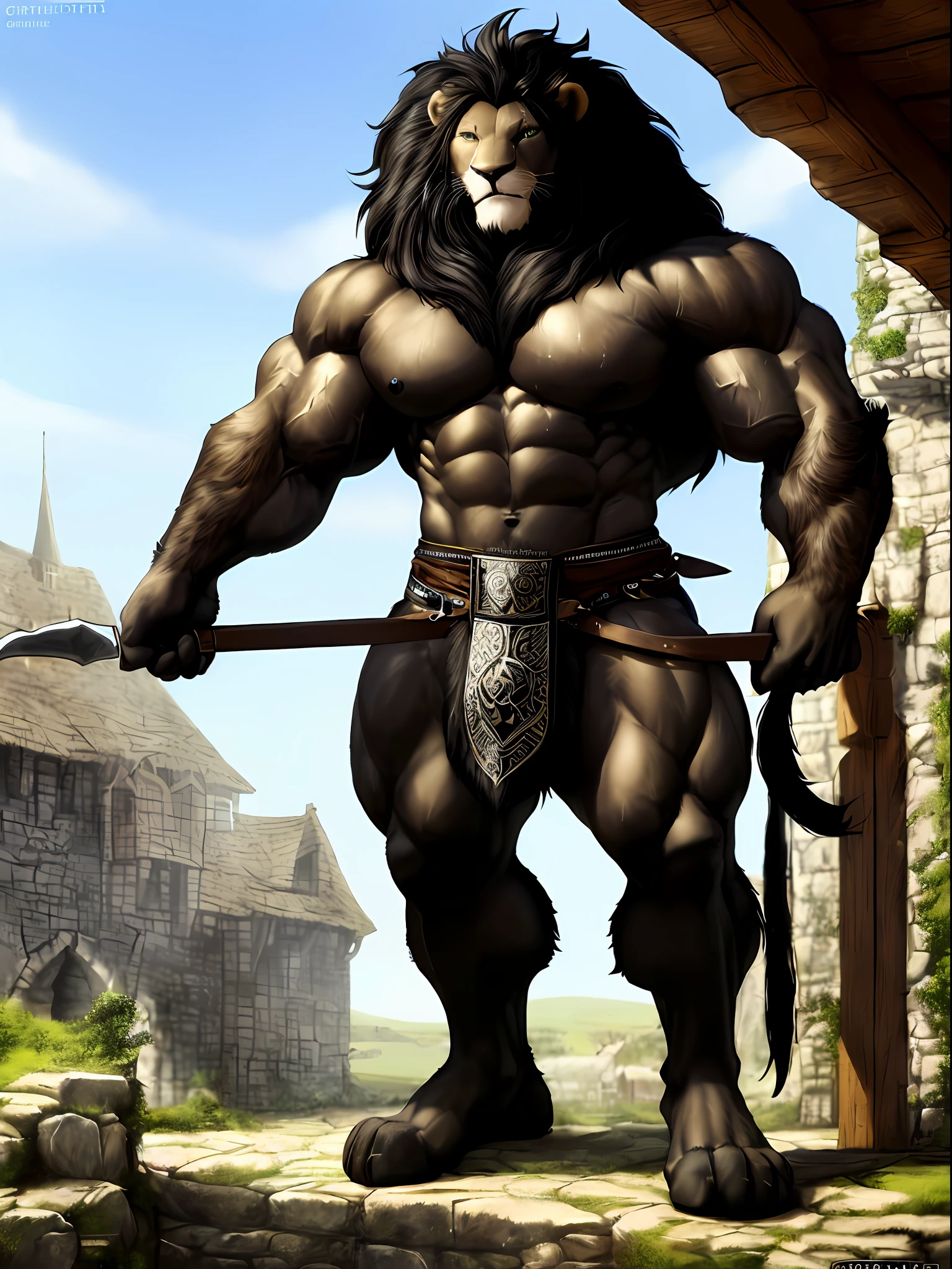 Front view, full height, Medieval, anthro (lion), male, feline, adult, solo, hyper muscular, huge muscles, massive build, heavy posture, wide shoulders, massive calves and wide feet, wide forearms, giantic body and tiny head in comparsion, tough, , lion's tail, high quality ultradetailed green eyes, barefoot, thick sweat dripping over lion ((blacksmith cloths, barechested)), dark pants, correct anatomy, (dark brown fur, black mane, dark snout, detailed fur:1.4), detailed background, antient town background, hyperrealistic, ultradetailed, (masterpiece:1.2), epic, (correct furry hands), natural lighting, (by grimfaust)