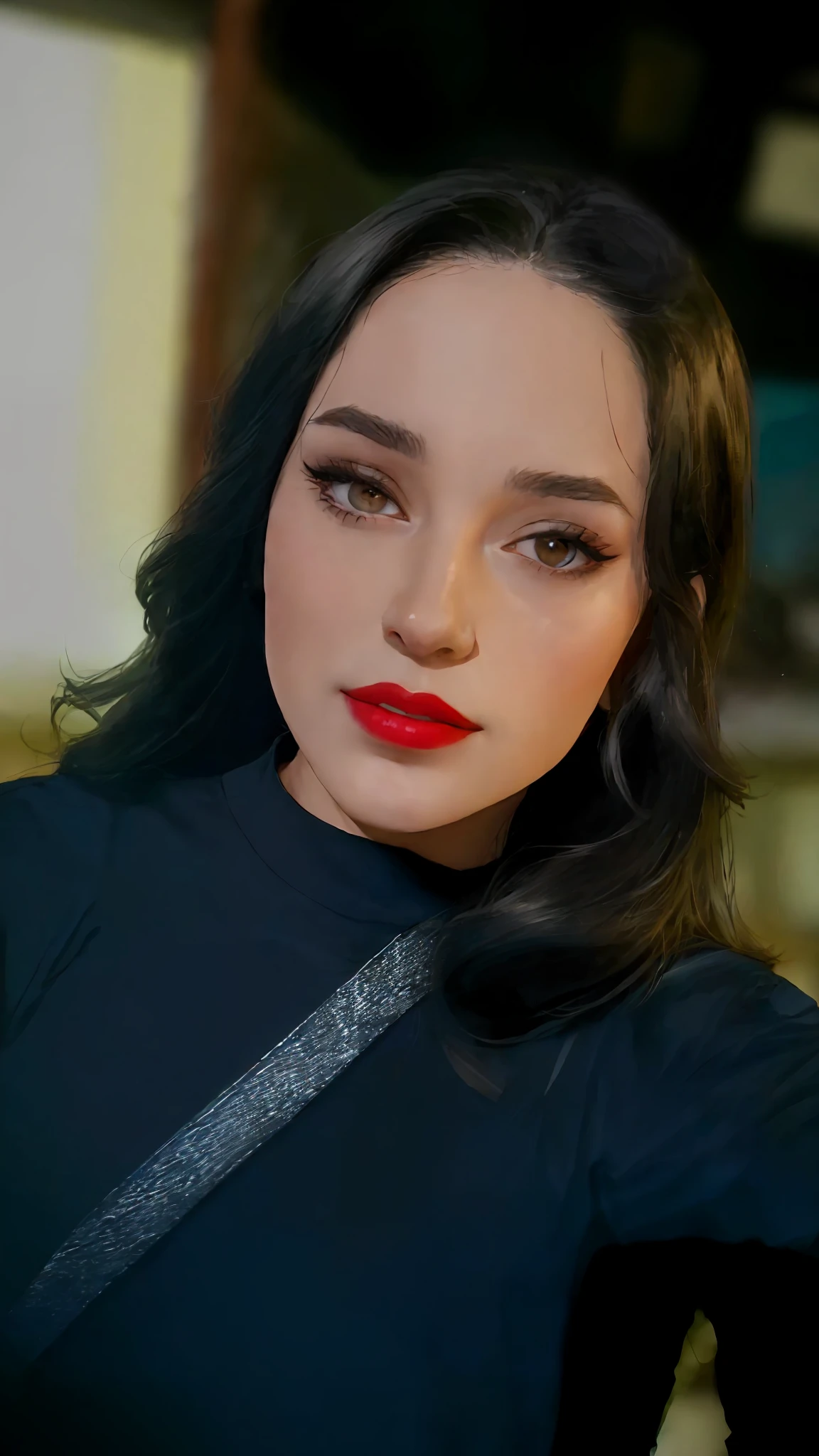 there is a woman with a black shirt and a red lipstick, headshot profile picture, portait photo profile picture, profile image, profile pic, selfie of a young woman, by Amelia Peláez, with accurate face, by Nándor Katona, with professional makeup, very very low quality picture, 🤤 girl portrait, alanis guillen