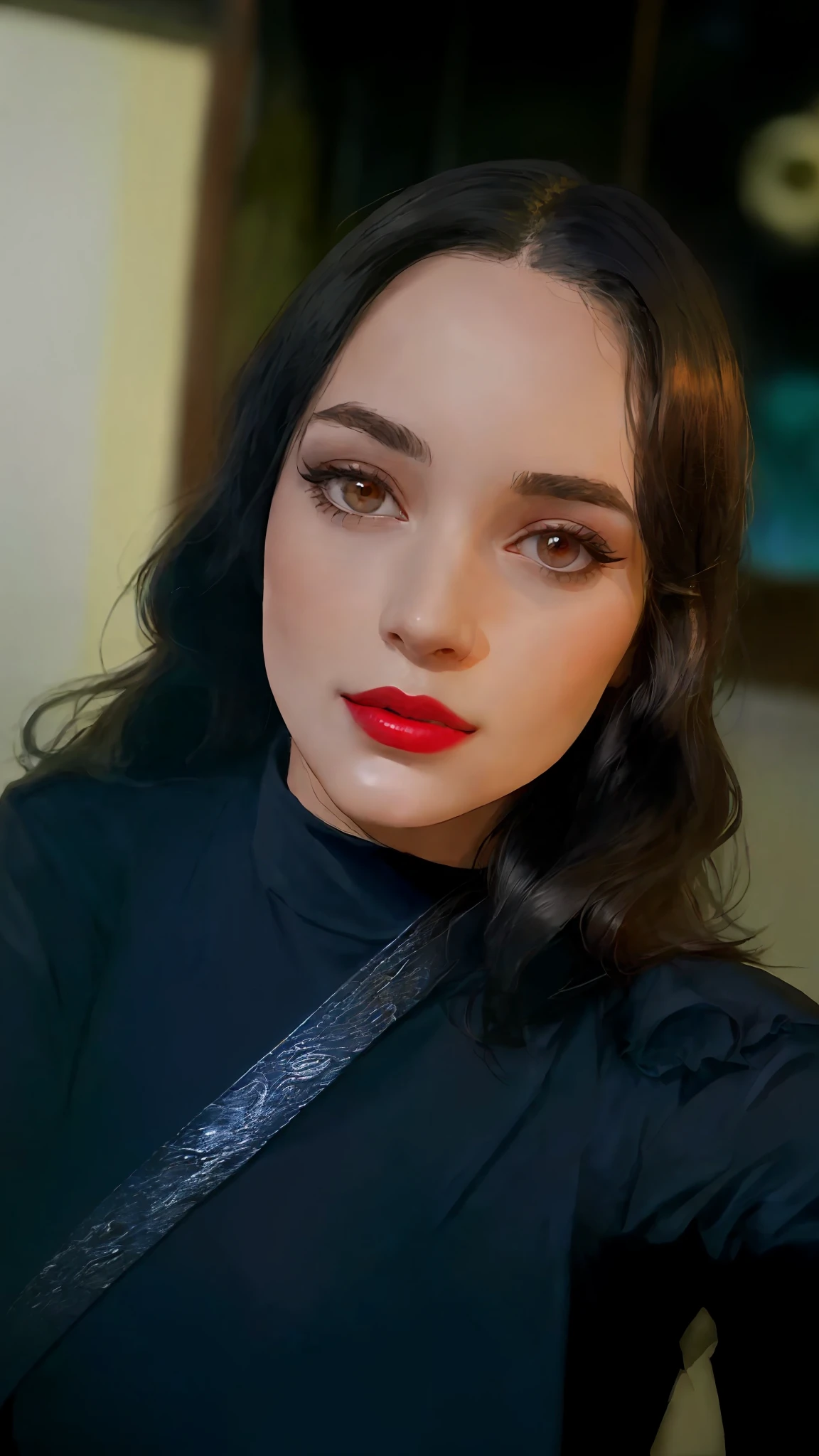 there is a woman with a black shirt and a red lipstick, headshot profile picture, portait photo profile picture, profile image, profile pic, selfie of a young woman, by Amelia Peláez, with accurate face, by Nándor Katona, with professional makeup, very very low quality picture, 🤤 girl portrait, alanis guillen