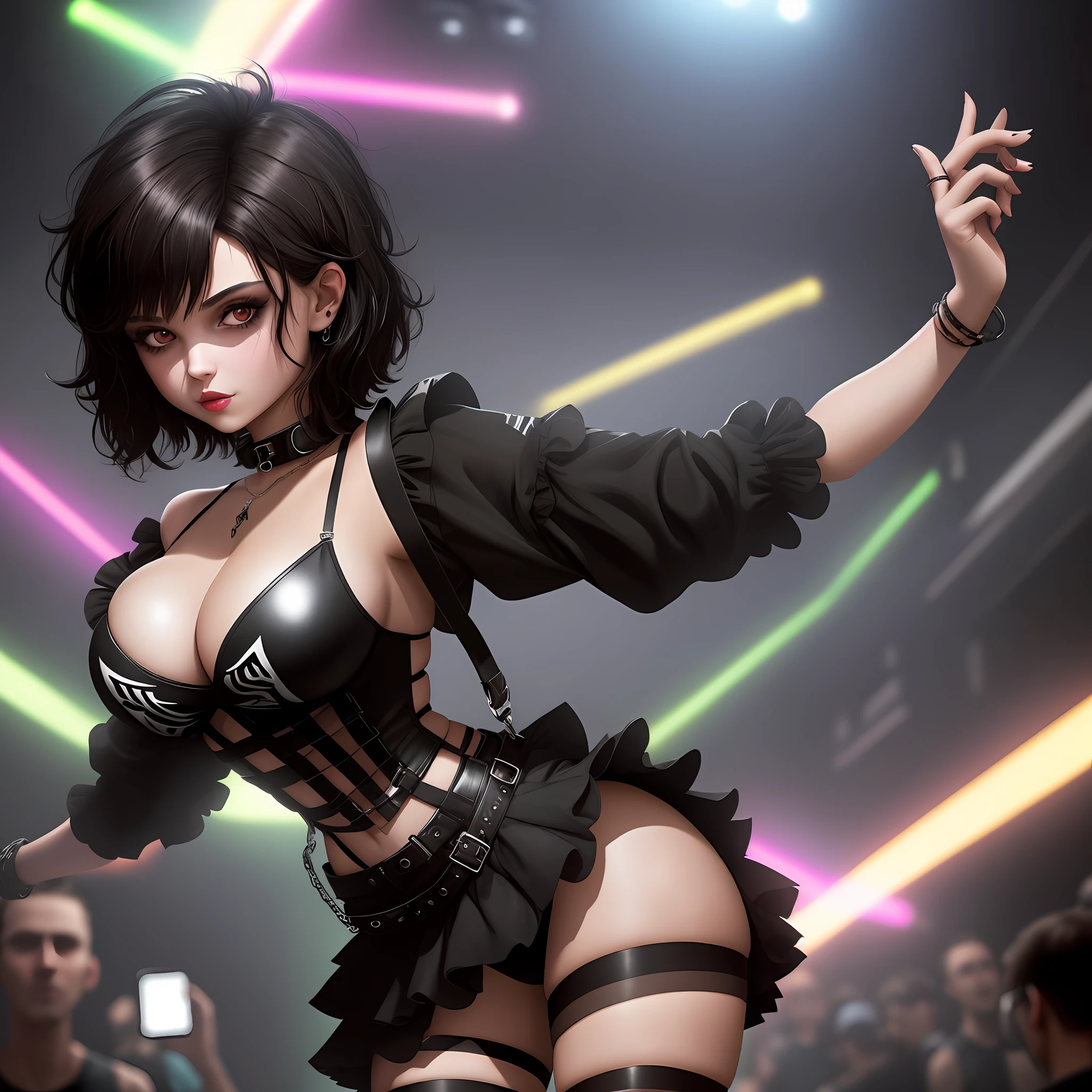 Sexy brunette short black haired messy goth girl wearing rave outfit showing off her breasts as she shows of her sexy side at the club view from behind