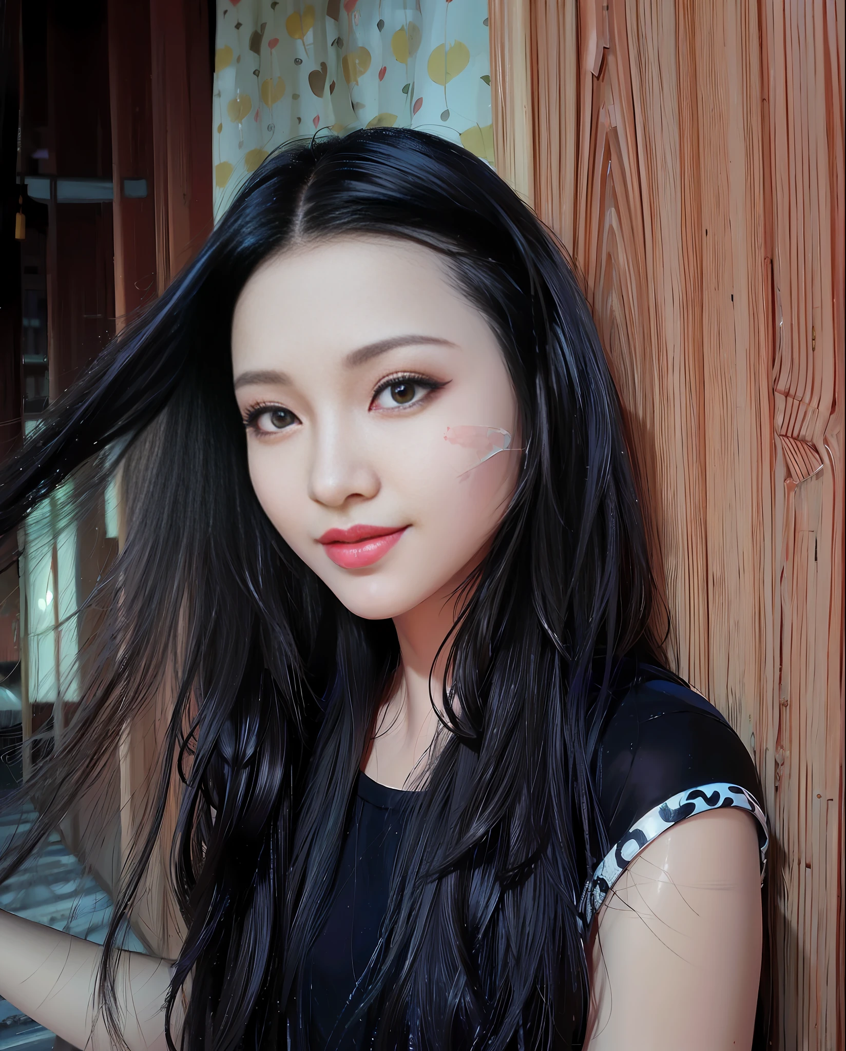 (Best Quality: 1.3, Masterpiece: 1.3), Ultra HD, (1girl, solo), atmospheric perspective, detailed face, upper body, makeup, pink lips, cleft lip, shiny skin, (brown hair), super long hair, Looking at In front of the audience, red eyes, earrings, small breasts, slim body, (white silk), (((((East Asian architecture, riverside, beautiful background))), perfect lighting, (frontal lighting), physically based rendering,