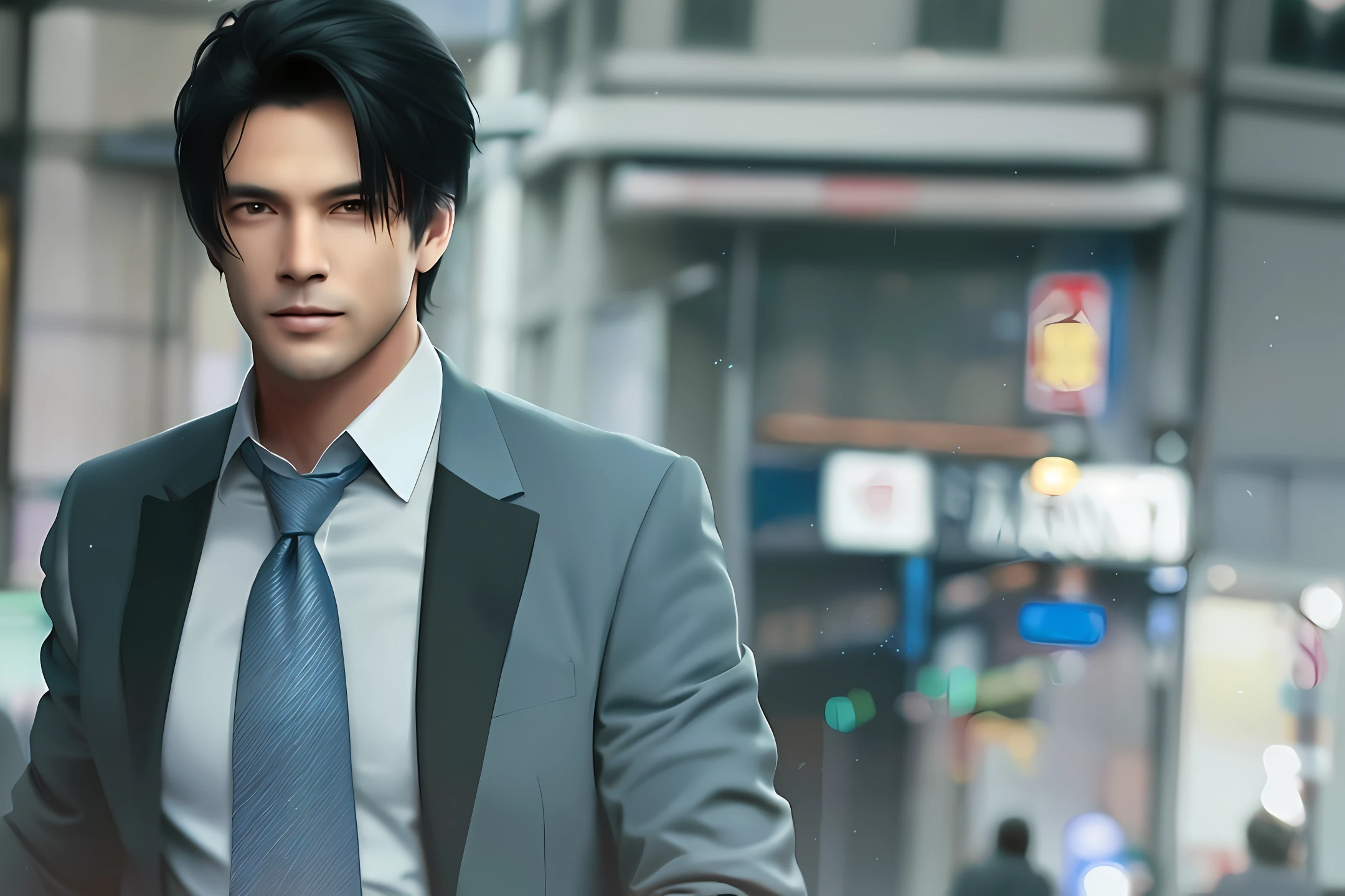 A man, businessman, with black hair, walking down the busy street, in an urban environment. Effects: Add the following effects to create a dramatic and realistic aesthetic: Sharp contrast: Highlight the differences between the light and dark areas of the image, providing a sense of depth and drama. Striking shadows: Create sharp shadows around the entrepreneur to add depth and realism to the scene. Dramatic lighting: Use directional and intense lighting, highlighting the face and characteristics of the entrepreneur, and creating an impactful atmosphere. Vivid textures: Accentuate the textures of the hair, suit, and ambiance by highlighting details such as hair strands, suit creases, and street concrete textures. Cool and dark tones: Use a darker, cooler color palette, with blue and gray tones, to intensify the sense of drama and mystery. Resolution: Ensure that the final image is high definition (Full HD) to capture all the details of the scene and the businessman.