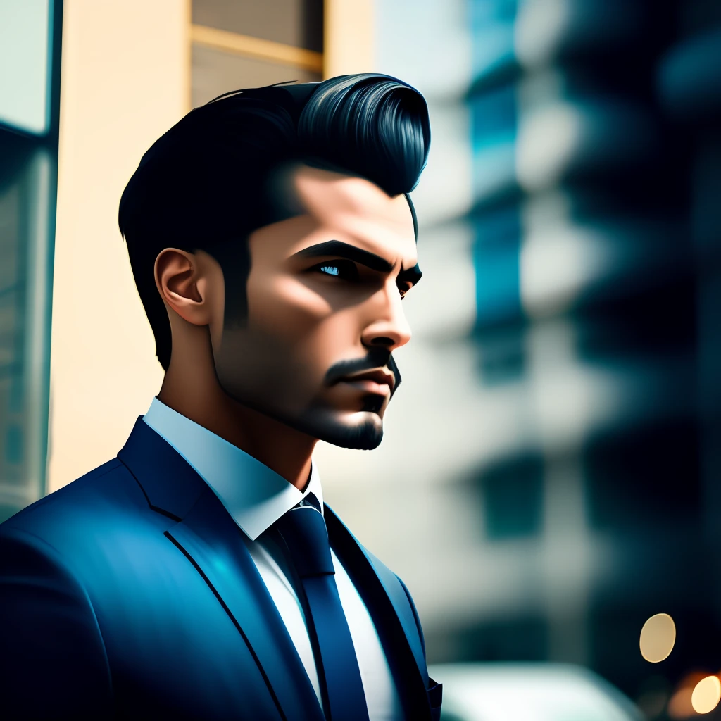 A man, businessman, with black hair, walking down the busy street, in an urban environment. Effects: Add the following effects to create a dramatic and realistic aesthetic: Sharp contrast: Highlight the differences between the light and dark areas of the image, providing a sense of depth and drama. Striking shadows: Create sharp shadows around the entrepreneur to add depth and realism to the scene. Dramatic lighting: Use directional and intense lighting, highlighting the face and characteristics of the entrepreneur, and creating an impactful atmosphere. Vivid textures: Accentuate the textures of the hair, suit, and ambiance by highlighting details such as hair strands, suit creases, and street concrete textures. Cool and dark tones: Use a darker, cooler color palette, with blue and gray tones, to intensify the sense of drama and mystery. Resolution: Ensure that the final image is high definition (Full HD) to capture all the details of the scene and the businessman.