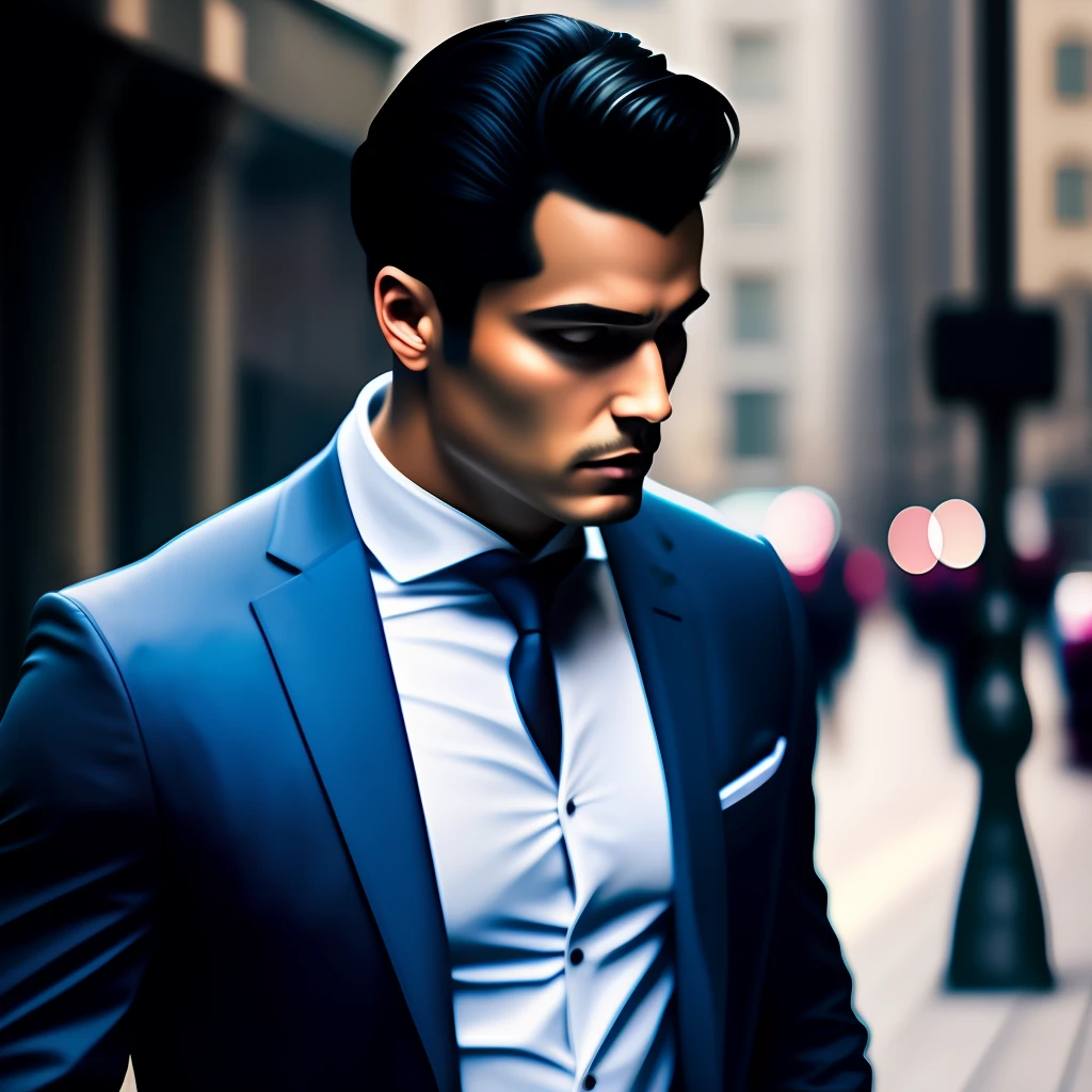 A man, businessman, with black hair, walking down the busy street, in an urban environment. Effects: Add the following effects to create a dramatic and realistic aesthetic: Sharp contrast: Highlight the differences between the light and dark areas of the image, providing a sense of depth and drama. Striking shadows: Create sharp shadows around the entrepreneur to add depth and realism to the scene. Dramatic lighting: Use directional and intense lighting, highlighting the face and characteristics of the entrepreneur, and creating an impactful atmosphere. Vivid textures: Accentuate the textures of the hair, suit, and ambiance by highlighting details such as hair strands, suit creases, and street concrete textures. Cool and dark tones: Use a darker, cooler color palette, with blue and gray tones, to intensify the sense of drama and mystery. Resolution: Ensure that the final image is high definition (Full HD) to capture all the details of the scene and the businessman.