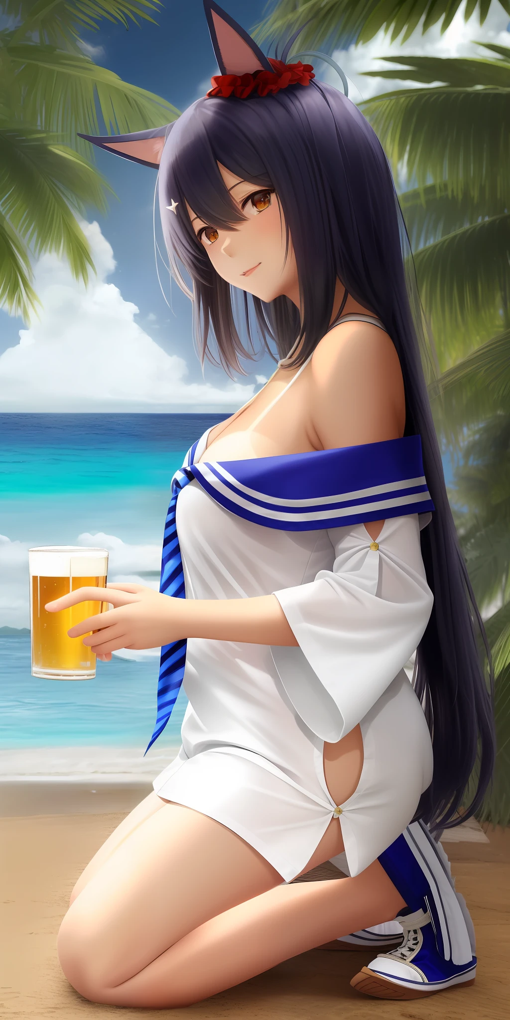 masterpiece, best quality, hishi amazon \(umamusume\), kneeling, woman holding beer glass, full body wide angle, bewitching poses, ocean, sun, blue sky, sailor collar, wide sleeves, blue neckerchief, white shirt, sailor dress, thigh strap, blue footwear, tanlines, bikini tan, off shoulder, cleavage, bare shoulders