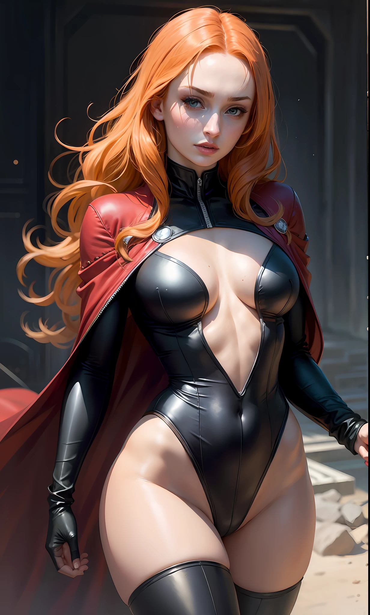 Dark Phoenix (sophie turner) in sexy one-piece superhero costume