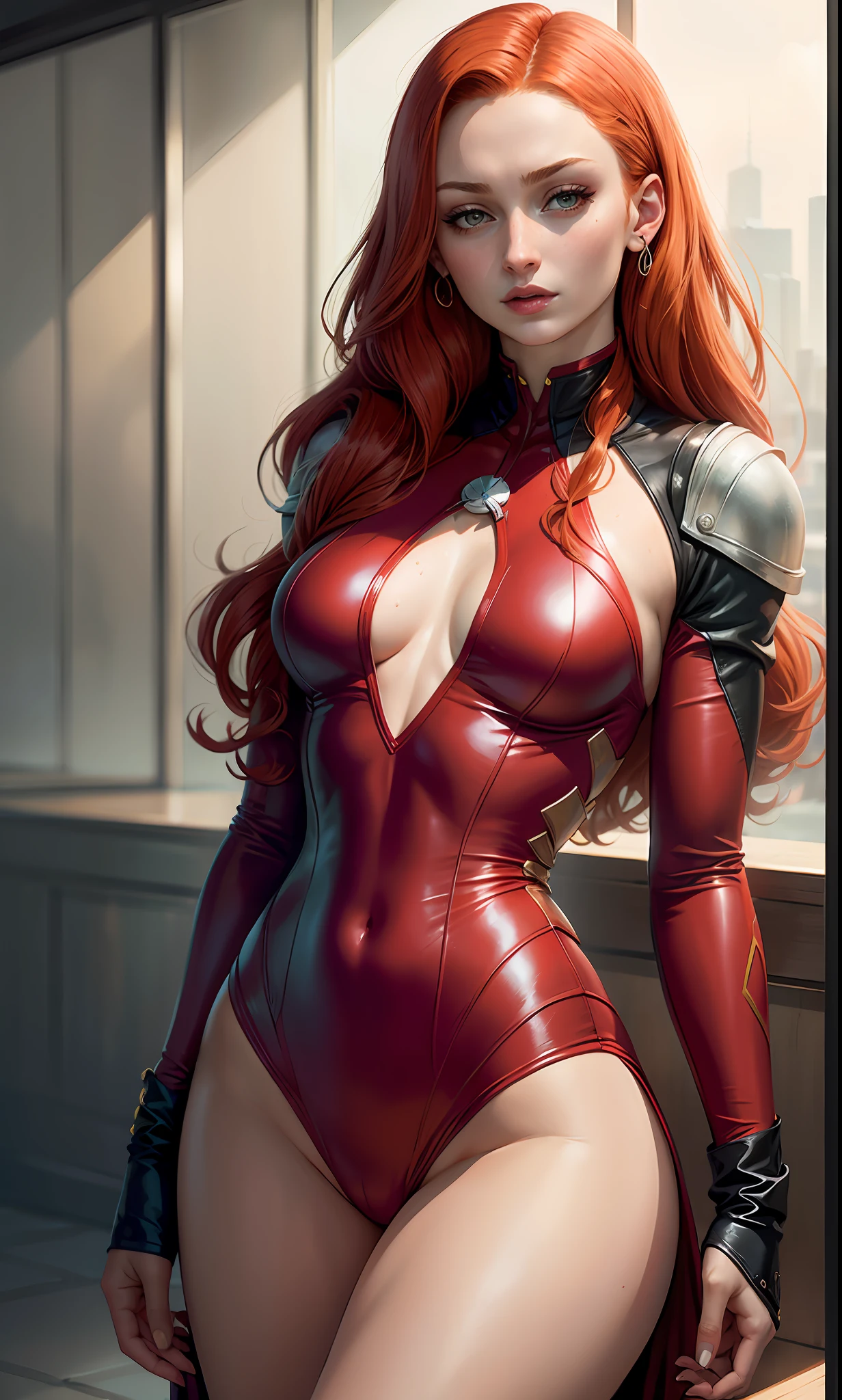 Dark Phoenix (sophie turner) in sexy one-piece superhero costume