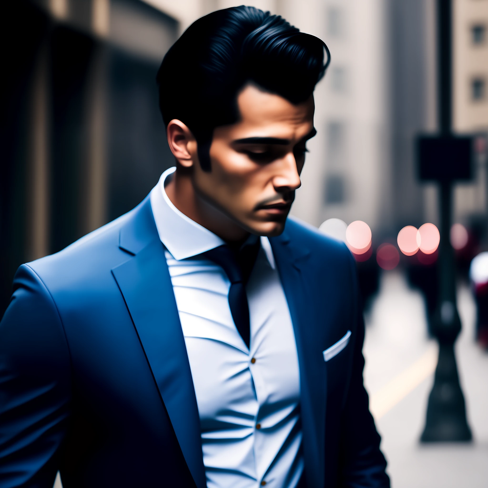 A man, businessman, with black hair, walking down the busy street, in an urban environment. Effects: Add the following effects to create a dramatic and realistic aesthetic: Sharp contrast: Highlight the differences between the light and dark areas of the image, providing a sense of depth and drama. Striking shadows: Create sharp shadows around the entrepreneur to add depth and realism to the scene. Dramatic lighting: Use directional and intense lighting, highlighting the face and characteristics of the entrepreneur, and creating an impactful atmosphere. Vivid textures: Accentuate the textures of the hair, suit, and ambiance by highlighting details such as hair strands, suit creases, and street concrete textures. Cool and dark tones: Use a darker, cooler color palette, with blue and gray tones, to intensify the sense of drama and mystery. Resolution: Ensure that the final image is high definition (Full HD) to capture all the details of the scene and the businessman.