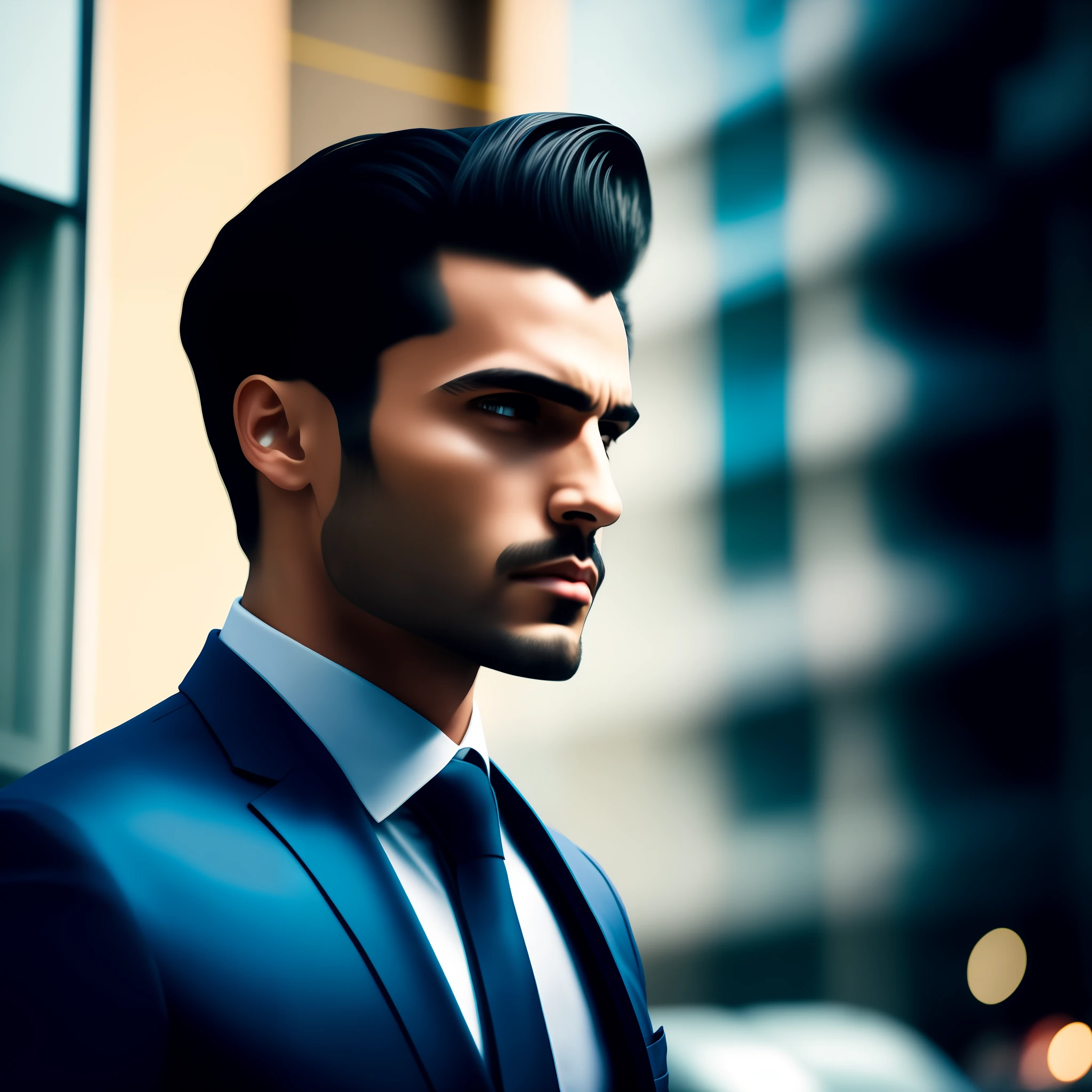 A man, businessman, with black hair, walking down the busy street, in an urban environment. Effects: Add the following effects to create a dramatic and realistic aesthetic: Sharp contrast: Highlight the differences between the light and dark areas of the image, providing a sense of depth and drama. Striking shadows: Create sharp shadows around the entrepreneur to add depth and realism to the scene. Dramatic lighting: Use directional and intense lighting, highlighting the face and characteristics of the entrepreneur, and creating an impactful atmosphere. Vivid textures: Accentuate the textures of the hair, suit, and ambiance by highlighting details such as hair strands, suit creases, and street concrete textures. Cool and dark tones: Use a darker, cooler color palette, with blue and gray tones, to intensify the sense of drama and mystery. Resolution: Ensure that the final image is high definition (Full HD) to capture all the details of the scene and the businessman.