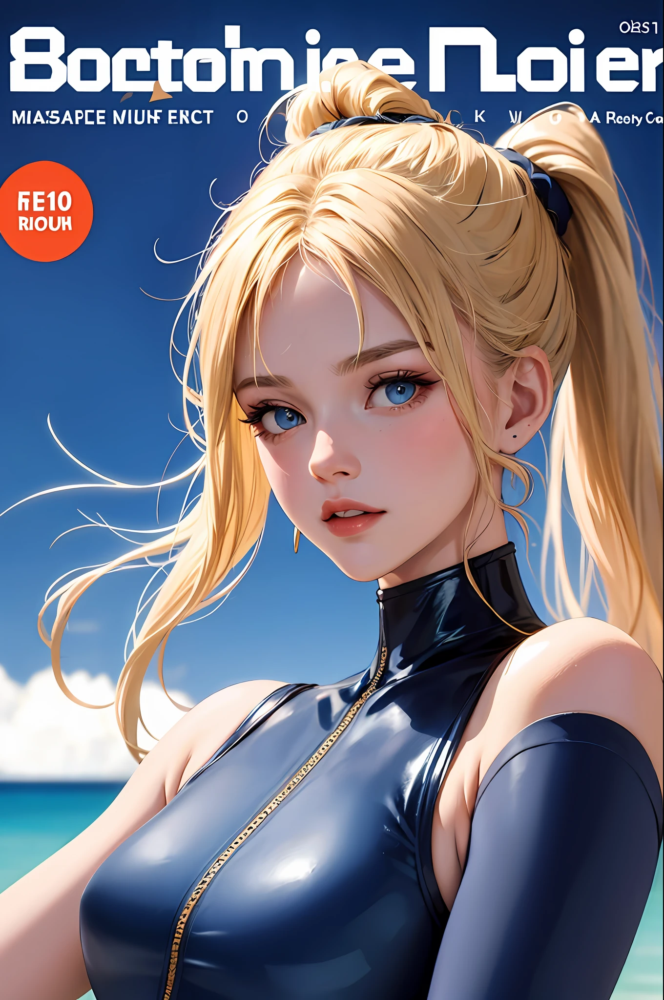masterpiece, top quality, sleeveless, dark blue bodysuit, blonde, ponytail, magazine cover, upper body,