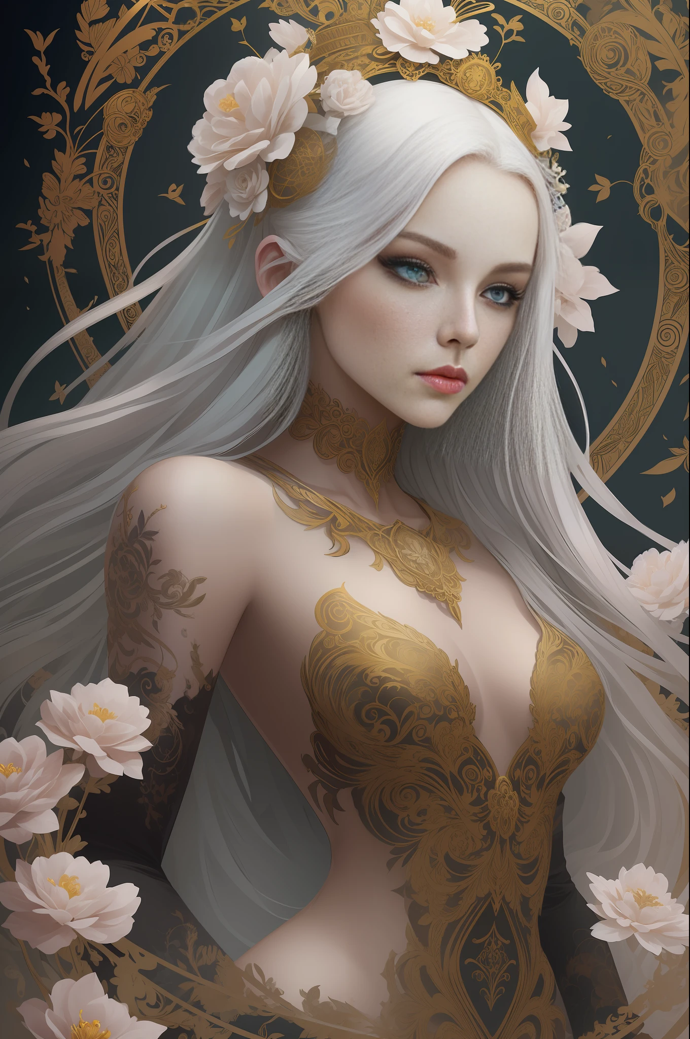 (skeleton like:0.4), ((female ornate princess)), (with white long flowing hair), (bright beautiful eyes), trending on artstation, flowers of hope by Jean-Honor Fragonard, Peter mohrbacher, hyper detailed, insane details, stunning, intricate, elite, art nouveau, ornate, liquid wax, elegant, luxury, Greg Rutkowski, ink style, sticker, vector-art beautiful character design, double exposure shot, luminous design, award winning, masterpiece, amoled black background,