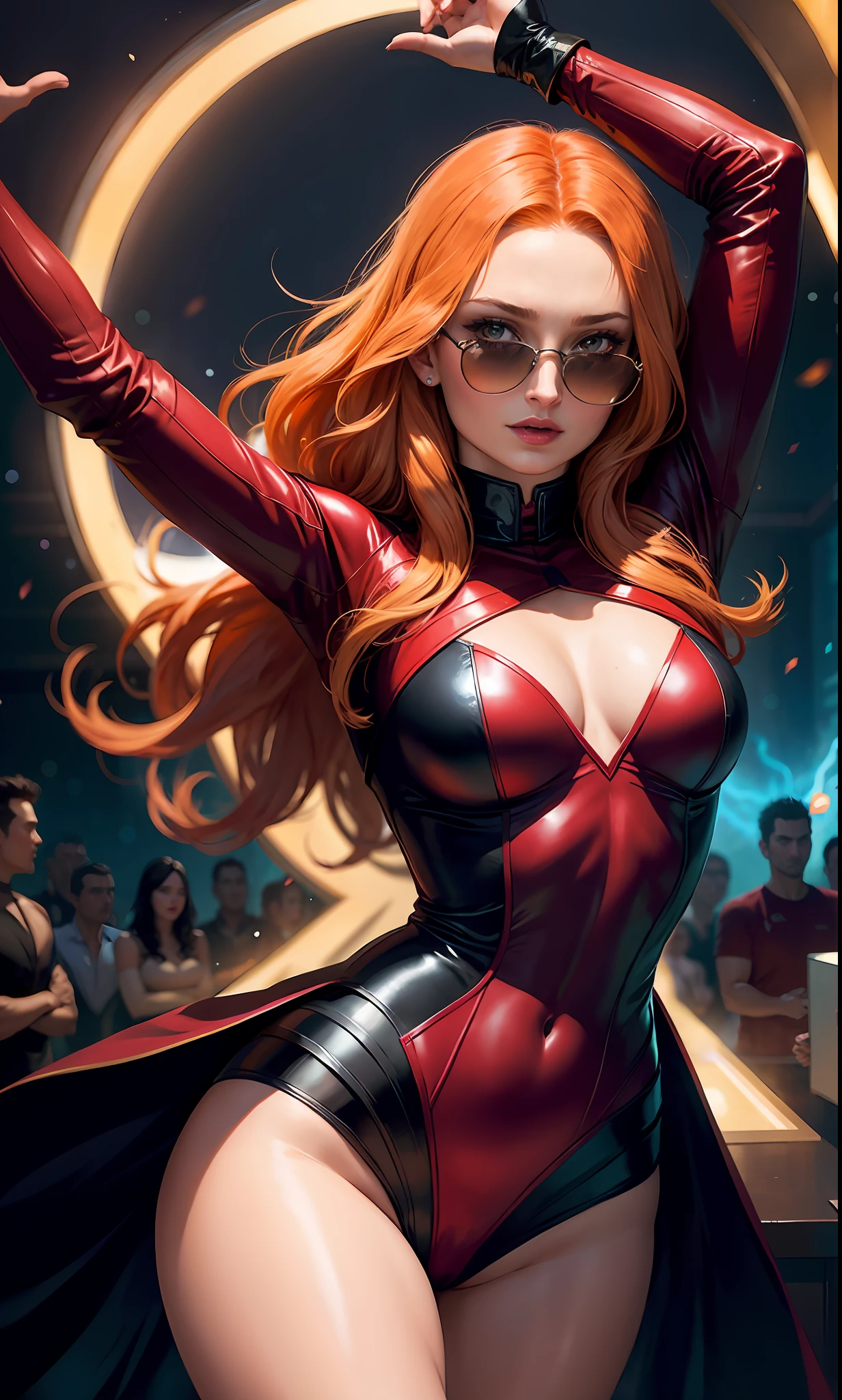 Dark Phoenix (sophie turner) in sexy one-play superhero costume, dancing at a night club
