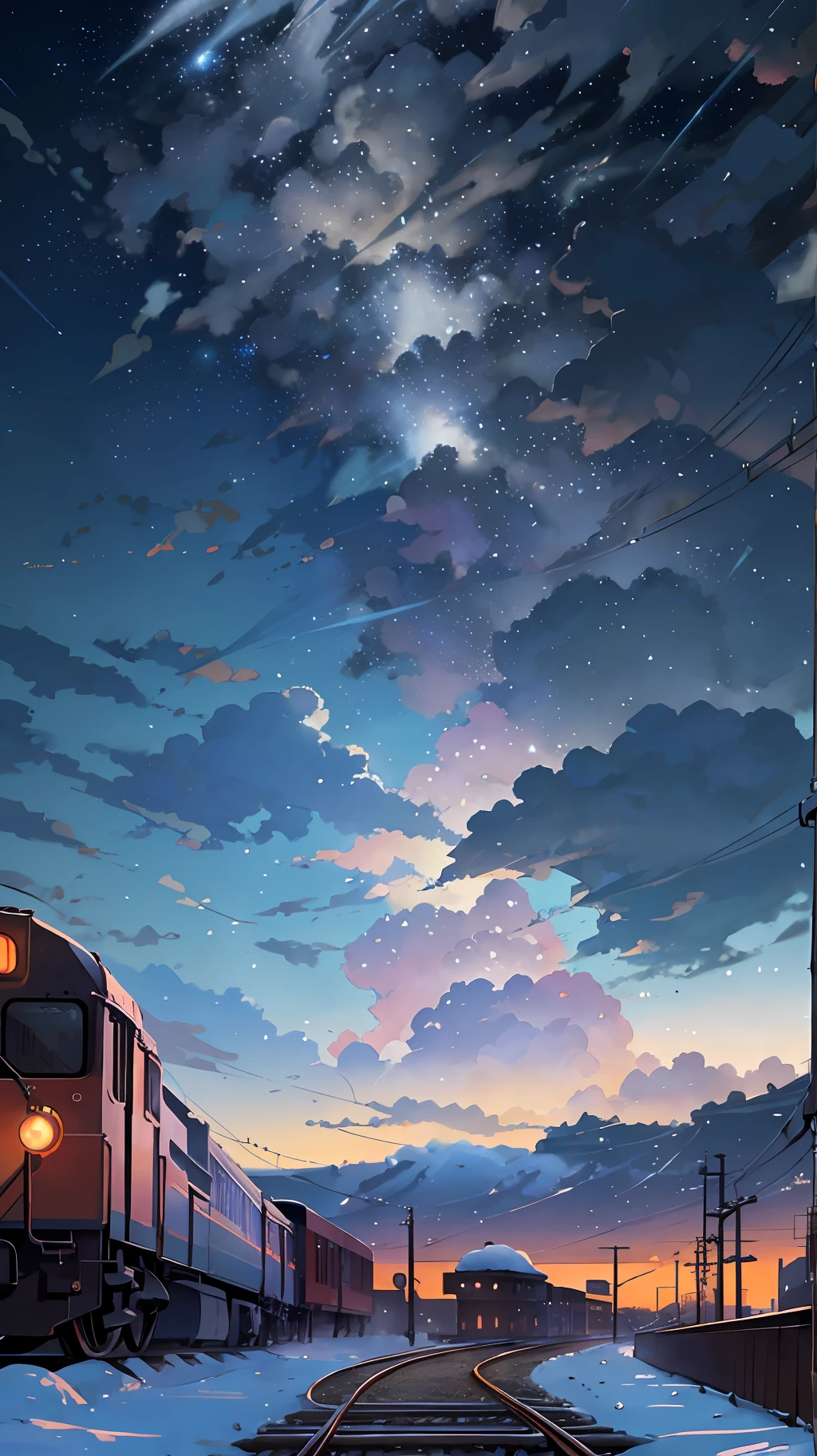 There is a train running along the tracks in the snow, Makoto Shinkai's concept art, tumblr, magic realism, beautiful anime scenes, cosmic sky. by makoto shinkai, ( ( makoto shinkai ) ), anime background art, anime backgrounds, Makoto Shinkai's style, anime movie backgrounds, galaxy express, no humans.
