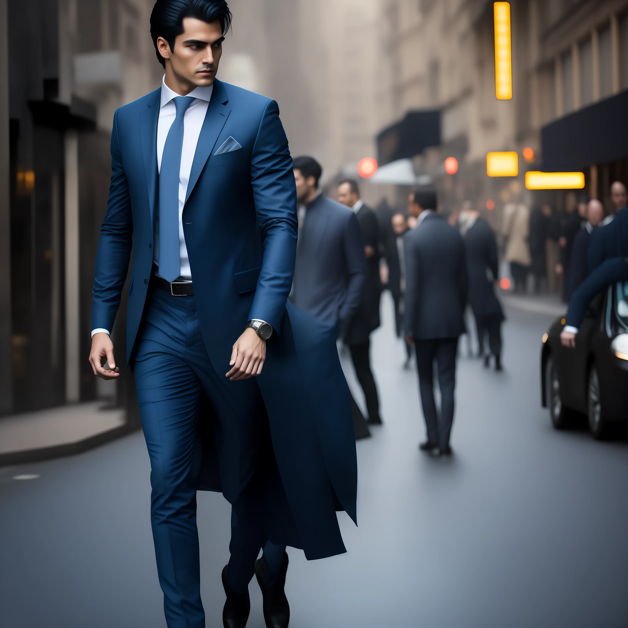 A man, businessman, with black hair, walking down the busy street, in an urban environment. Effects: Add the following effects to create a dramatic and realistic aesthetic: Sharp contrast: Highlight the differences between the light and dark areas of the image, providing a sense of depth and drama. Striking shadows: Create sharp shadows around the entrepreneur to add depth and realism to the scene. Dramatic lighting: Use directional and intense lighting, highlighting the face and characteristics of the entrepreneur, and creating an impactful atmosphere. Vivid textures: Accentuate the textures of the hair, suit, and ambiance by highlighting details such as hair strands, suit creases, and street concrete textures. Cool and dark tones: Use a darker, cooler color palette, with blue and gray tones, to intensify the sense of drama and mystery. Resolution: Ensure that the final image is high definition (Full HD) to capture all the details of the scene and the businessman.