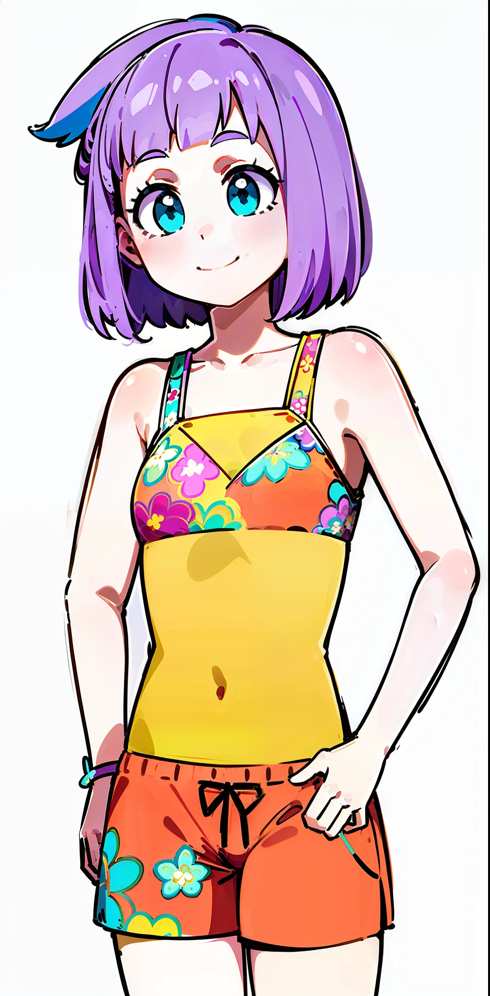 masterpiece, (best quality:1.4), detailed, girl, (solo), (purple hair:1.2), (medium hair:1.4), (aqua eyes:1.2), (smile:1.2), closed mouth, (standing:1.4), cowboy shot, cute, (orange swimsuit:1.0), (shorts:1.2), (floral print:1.0), collarbone, bare arms, detailed eyes, highres, (simple background:1.1), high details, (staring at viewer:1.2)