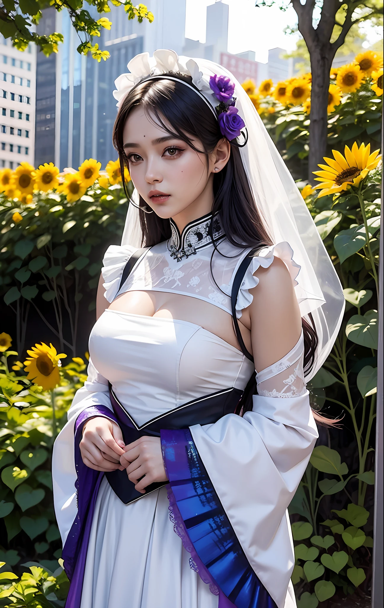 cyberpunk art, funk art, stunning gradient colors, stylized portrait h 704,(intricate maid white clothes:1), curvy, medium breasts,background in sun flower park,soft colour