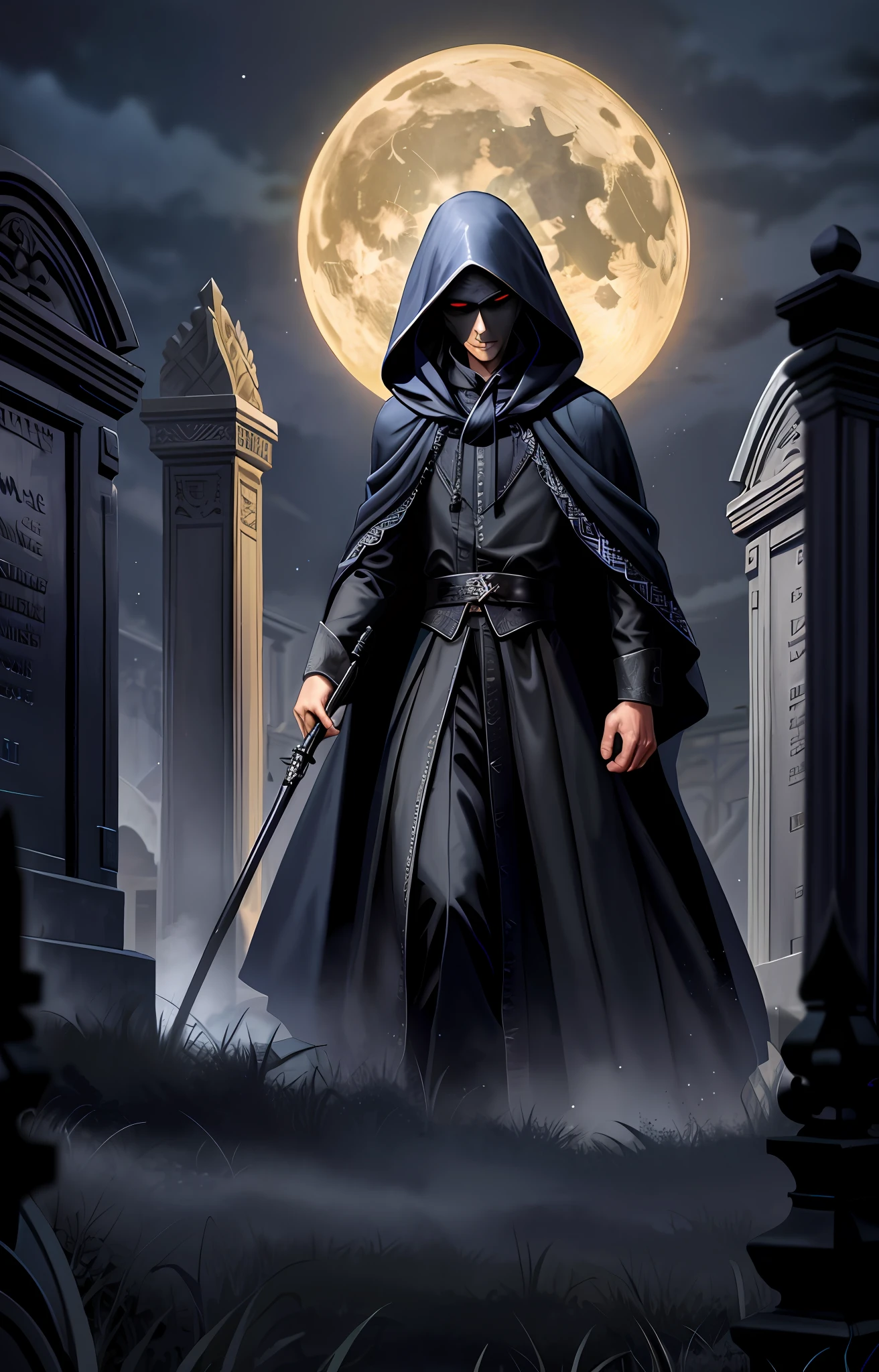 There is a man in dark cloak, dark hooded wraith, gloomy, a sinister fantasy illustration, dark reaper, dark cloak, noble male in black robes, human face