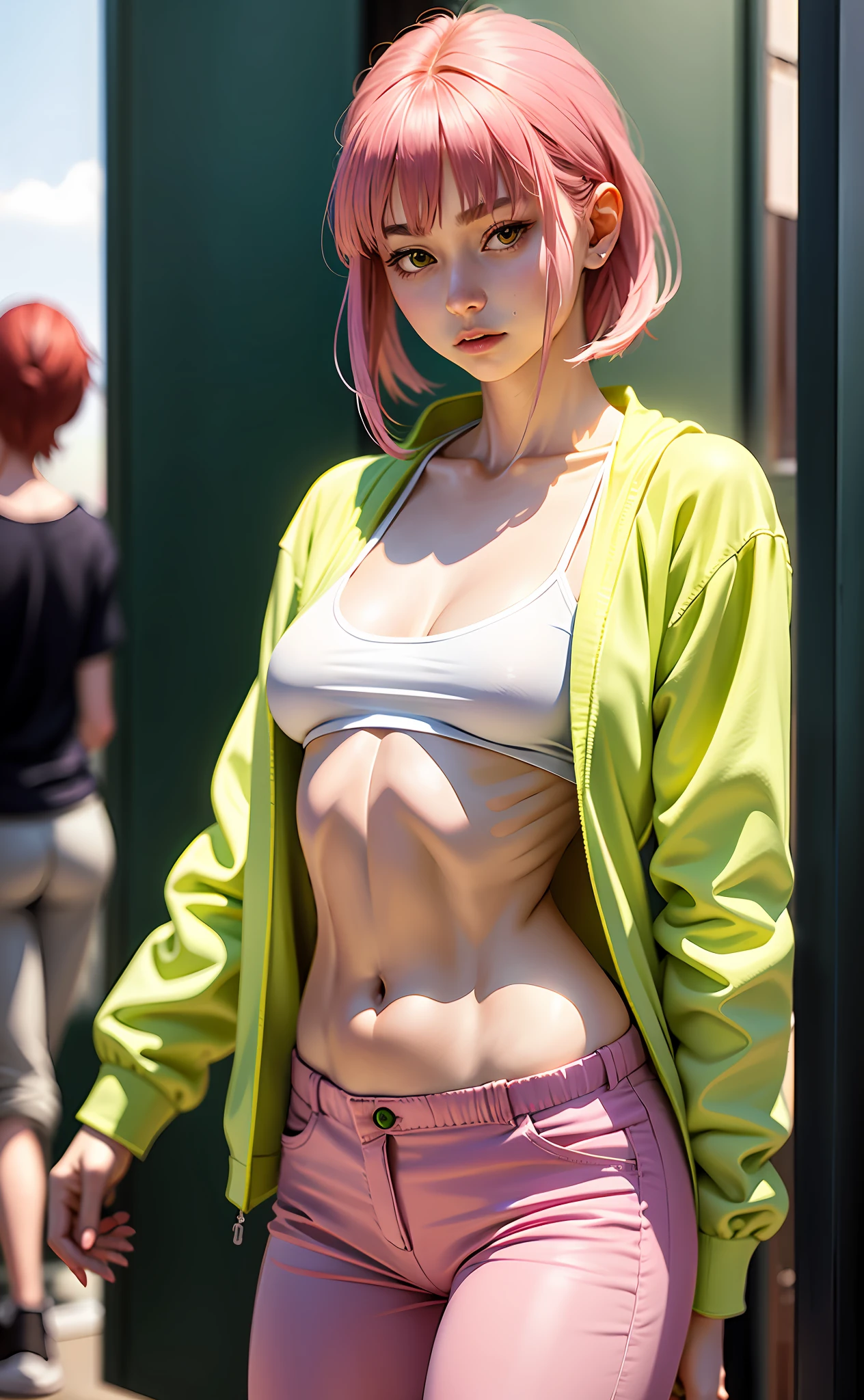 1 girl, wearing white shirt and pink pants, plain clothes, wearing green Nike shoes, 22 years old, pretty face, adult face, 4K style, realistic, crowded, short bob, belly button out