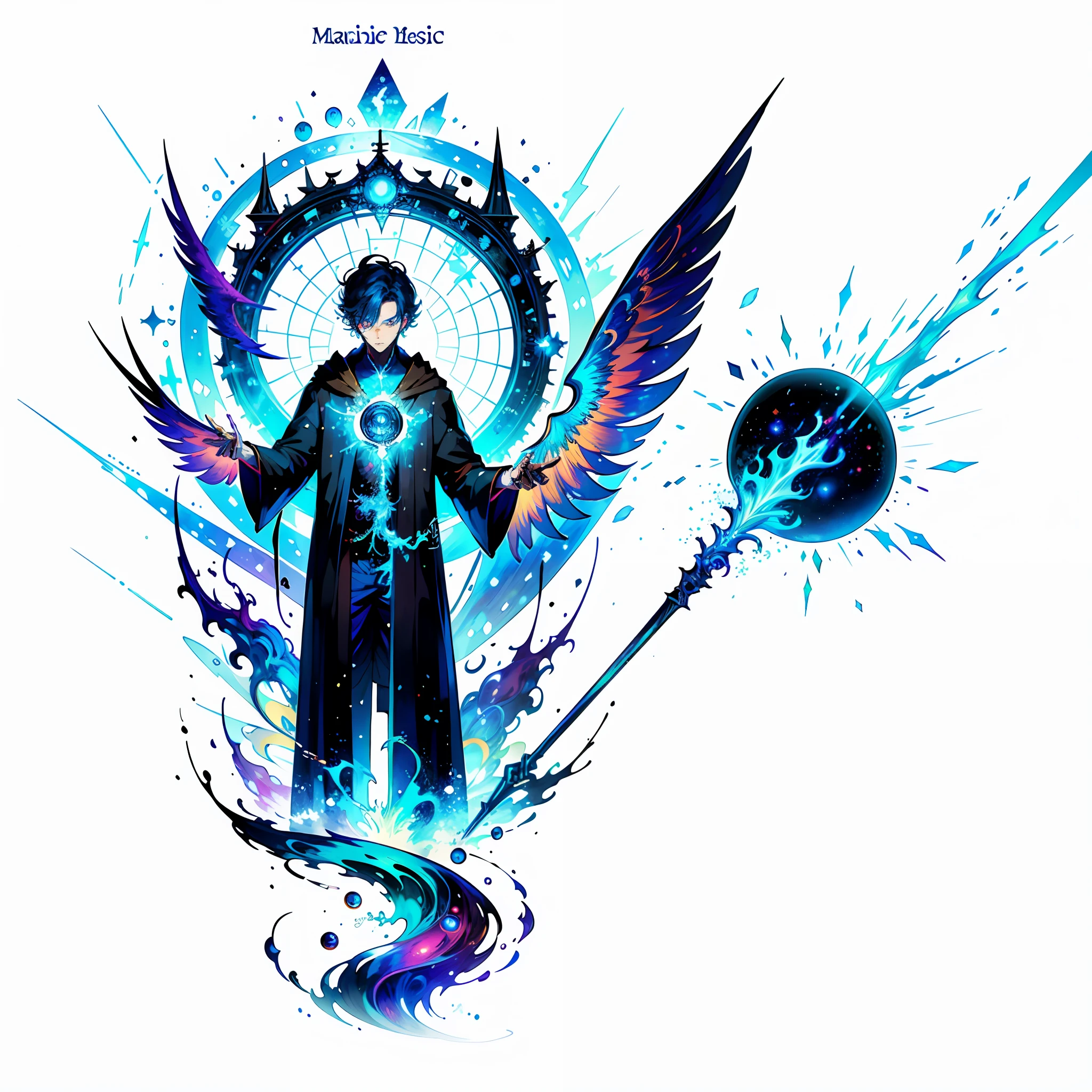(((best quality))),(((ultra detailed))),(((masterpiece))),illustration, A stunning artwork featuring a mysterious wizard standing in an environment full of magic, surrounded by energy and an unknown sense of terror. He holds a wand and is surrounded by books, while colorful pages flying around him creating a mesmerizing scene. Blue flames burst from his magic circle, while pentagrams and spells float around him, suggesting he has endless magical wisdom and power. This artwork is perfect as a wallpaper and is a true work of art, featuring intricate details, sharp focus, and vibrant colors.