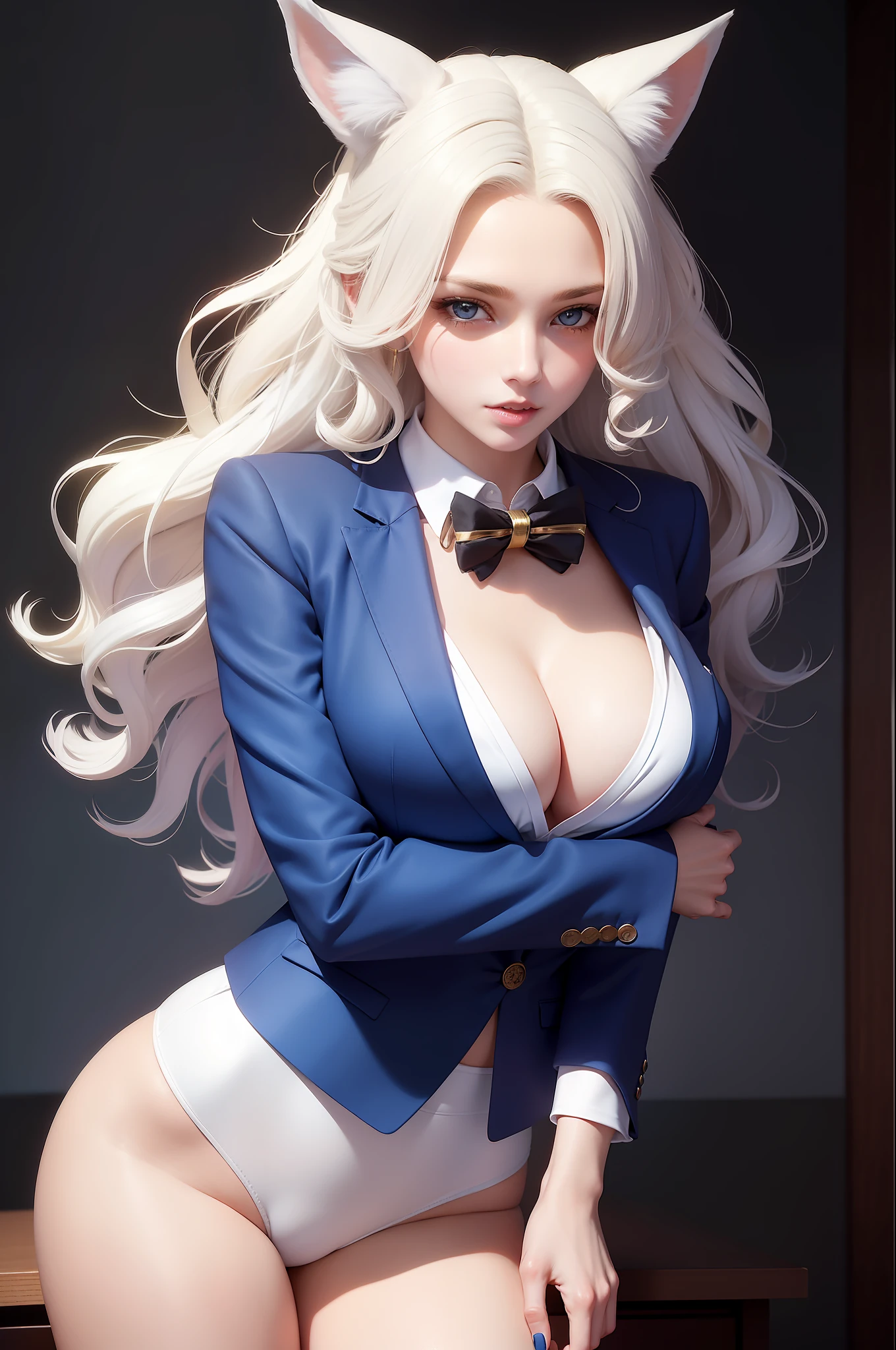 Sexy Woman with ,golden curly hair,Blue eyes,white fox ears,wear office suit