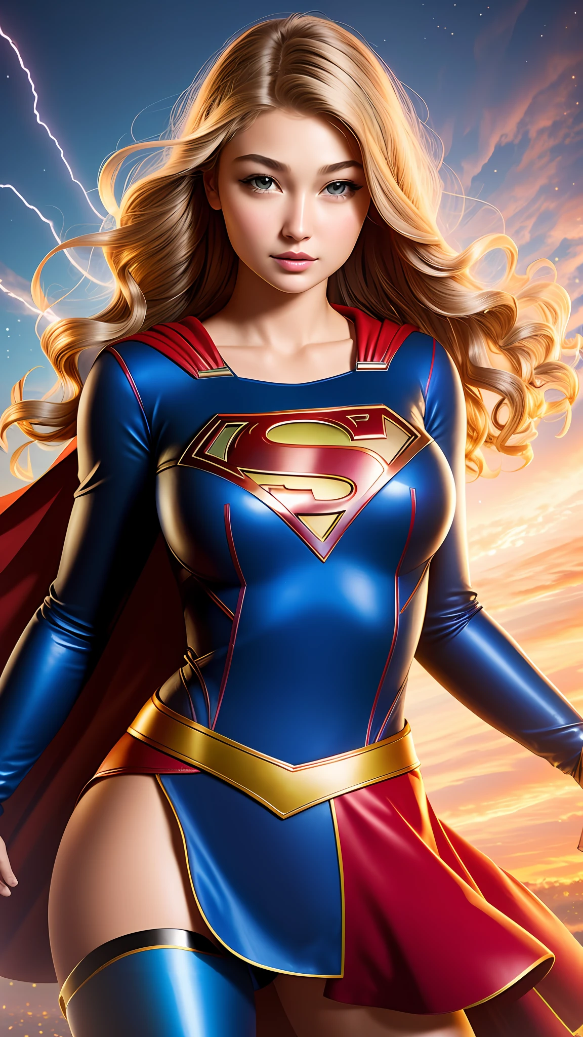photographic portrait of Supergirl, Gigi Hadid, colorful and realistic round eyes, dreamy magical atmosphere, superheroine costume, (large breasts: 1.3)