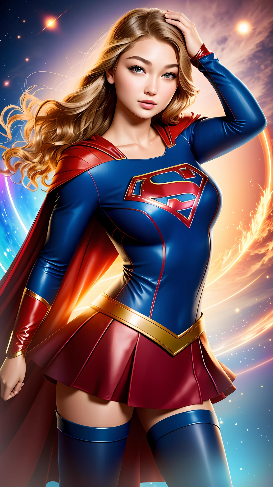 photographic portrait of Supergirl, Gigi Hadid, colorful and realistic round eyes, dreamy magical atmosphere, superheroine costume, (large breasts: 1.3)