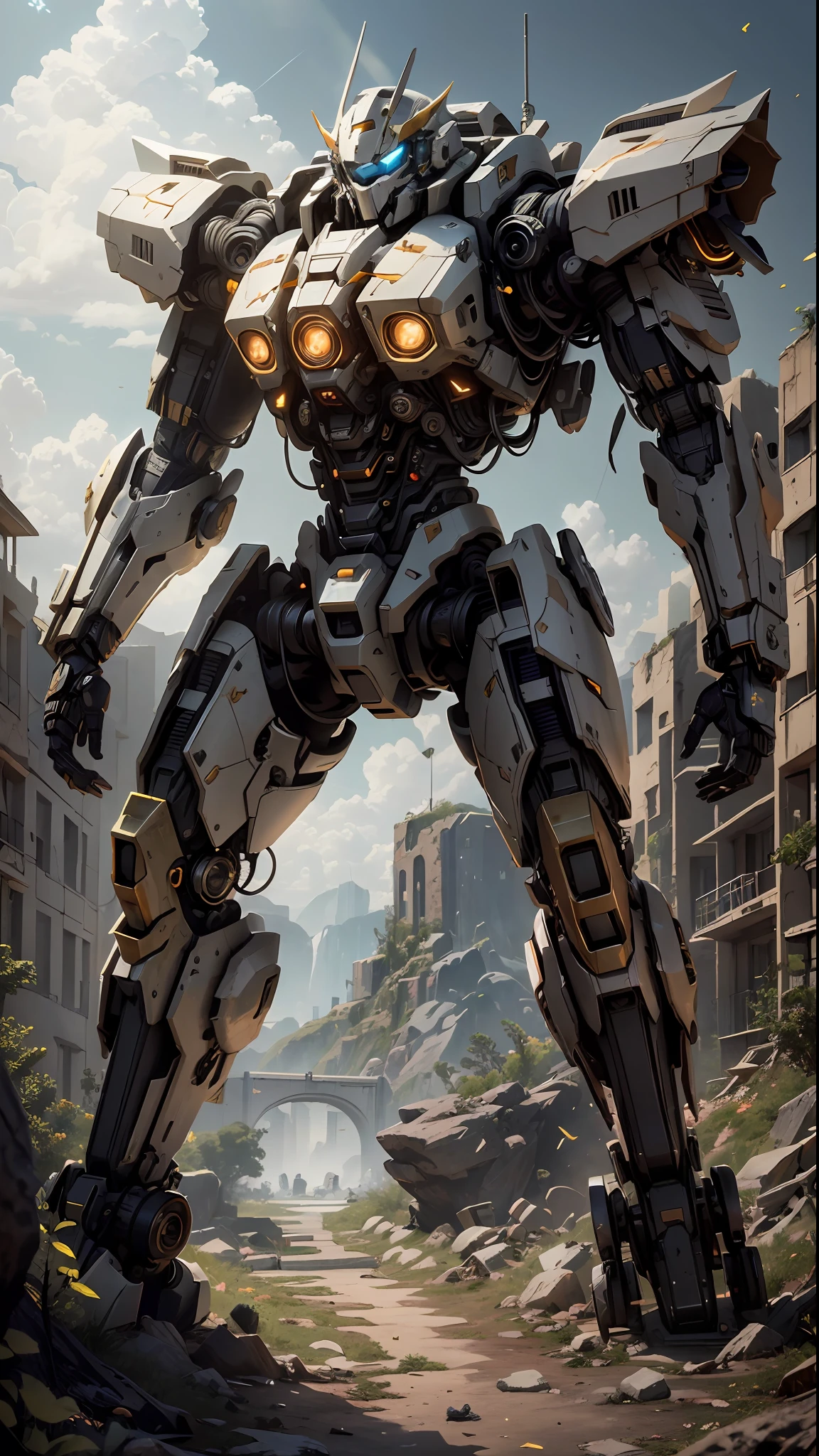 ((Best Quality)), ((Masterpiece)), (Very Verbose:1.3), 3D, Shitu-mecha, Reloaded Mecha in the Ruins of the Forgotten War, Ancient Technology, HDR (High Dynamic Range), Ray Tracing, NVIDIA RTX, Super Resolution, Unreal 5, Subsurface Scattering, PBR Textures, Post-processing, Anisotropic Filtering, Depth of Field, Maximum Clarity and Acutance, Multi-layer Textures, Albedo and Highlight Maps, Surface Coloring to Accurately Simulate Light-Material Interactions, Perfect Ratio, Octane Rendering, Duotone Lighting, Low ISO, White Balance, Rule of Thirds, Wide Aperture, 8K RAW, High Efficiency Sub-Pixel, Subpixel Convolution, Glowing Particles, Light Scattering, Tyndall Effect