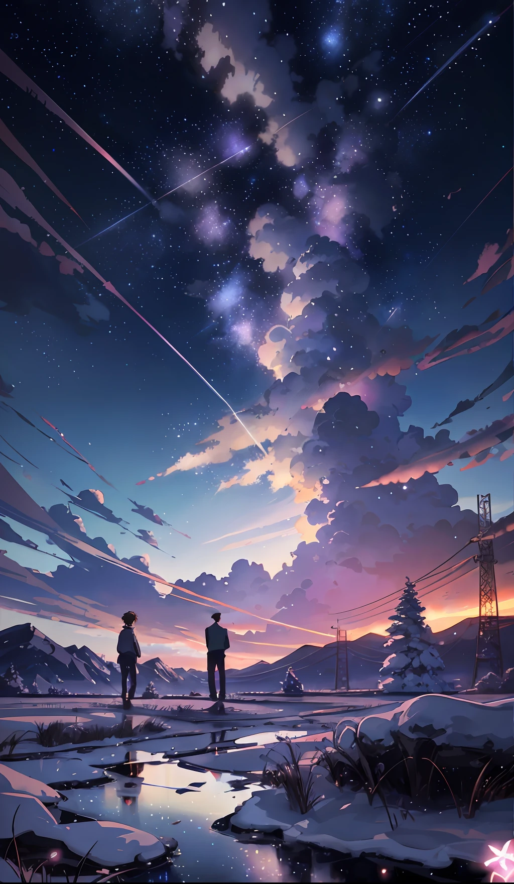 An anime scene of two people standing on a snowy field with the sky in the background, inspired by Makoto Shinkai's anime drawings, trending on pixiv, concept art, Cosmos Sky. Author: Makoto Shinkai, beautiful anime scene, Makoto Shinkai Cyril Rolando, anime art wallpaper 4k, anime art wallpaper 4k, anime sky, anime beautiful peaceful field ((((Makoto Shinkai style)), pixiv, anime drawing, High resolution, pink sky, beautiful scene), (universe, train passing, magic realism, ((makoto shinkai style)) ::0.8), [art atmosphere, atmosphere:0.8, starry sky, hills, snow mountain , sparkling water, grass, trees, smoke, stars, low angle of view, specular light scattering, detail enhancement. Character details are complete.
